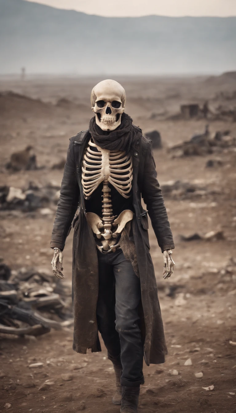 (((Post apocalyptic scenario, Desolate atmosphere, Dystopian landscape)))Postmodern wasteland punk style,Skeleton Singer