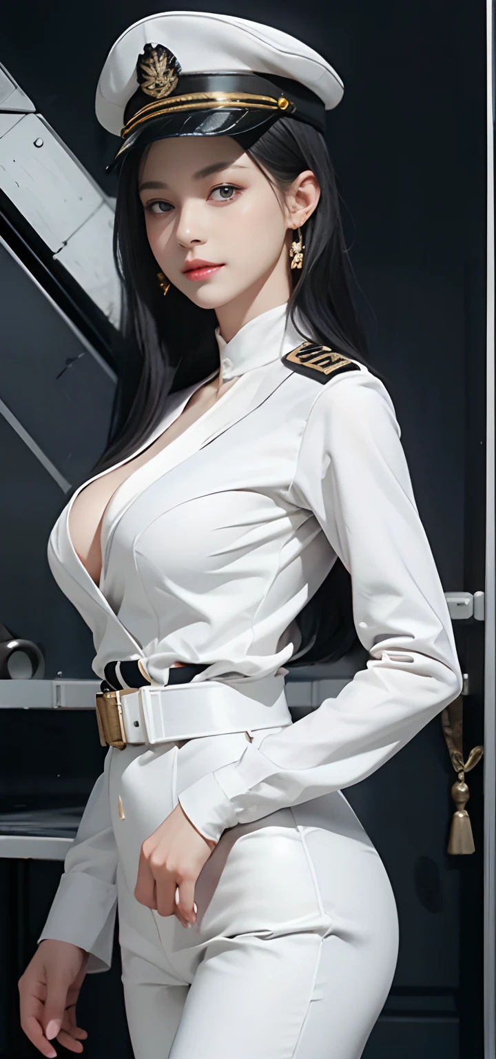 girl with, quality, top-quality, big breasts beautiful, prette, The sheen,On a warship, tmasterpiece,White Navy Uniform, Long Black Hair,With military cap,Eyes are sharp and affectionate,A sweet smile,battle posture,(((full armor:1.8))),white colors,(((facial detailing:1.2)))Bigchest,big breasts thin waist,long legged,bared chest,bare lower body,Camel toes