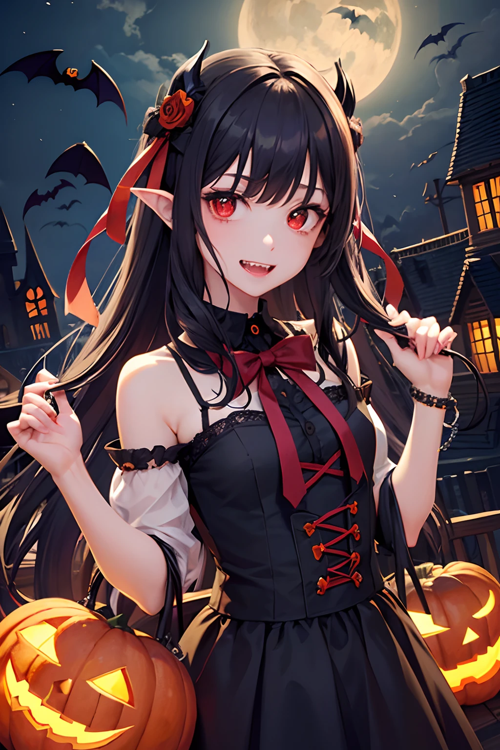 Halloween、Beautiful vampire girl and zombie girl2a person、High school students、Pumpkin Ghost、Vampire House、the bats、2a person、gazing at viewer、Sharp fangs、Bloods