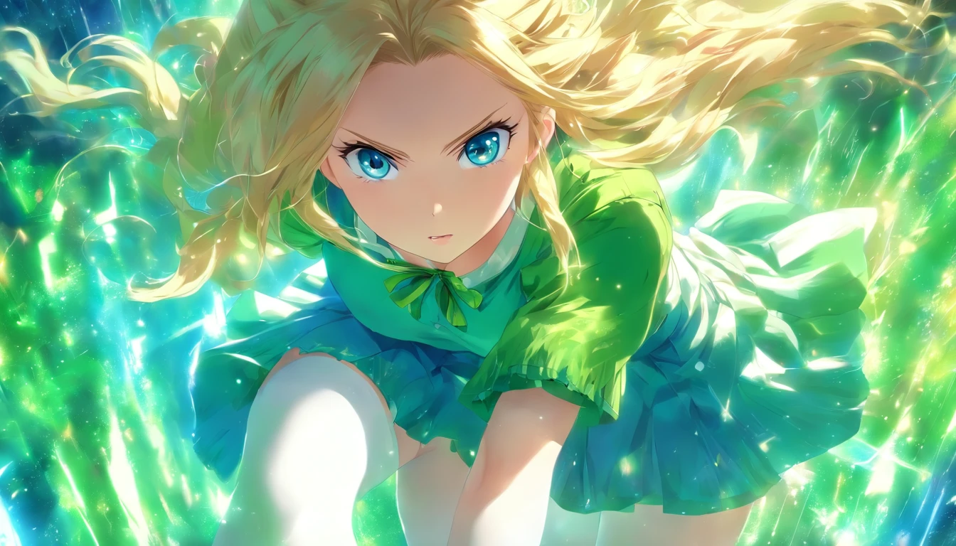 1 girl, long blonde hair, blue eyes, blue short skirt, green blouse, long white tights
