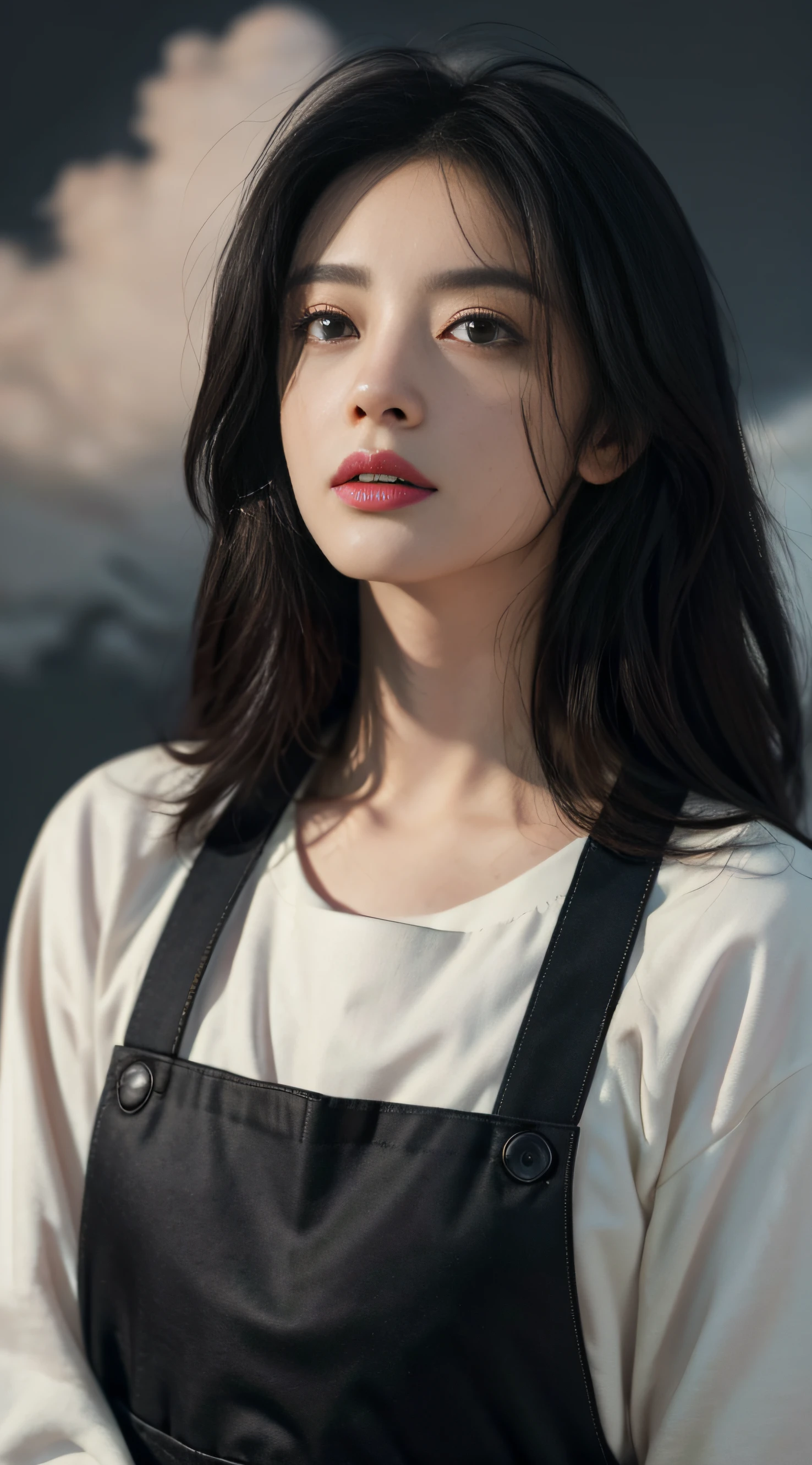 (Hyper-realistic), (illustration), (high resolution), (8K), (Extremely detailed), (Best Illustration), Yoru ( Chainsaw man ), (Beautiful detailed eyes), (Best quality), (Ultra-detailed), (Masterpiece), (the wallpaper), (Detailed face), Solo, Upper body, focus onface, 1 girl, Long black hair, Korean, Thin eyeshadow, A detailed eye, Brown eyes, Small moles under the eyes, long sleeves shirt, Cervical arch,  Small breasts, pinafore dress, Dynamic pose, Low lighting, Night, Dark, Clouds, Dark night