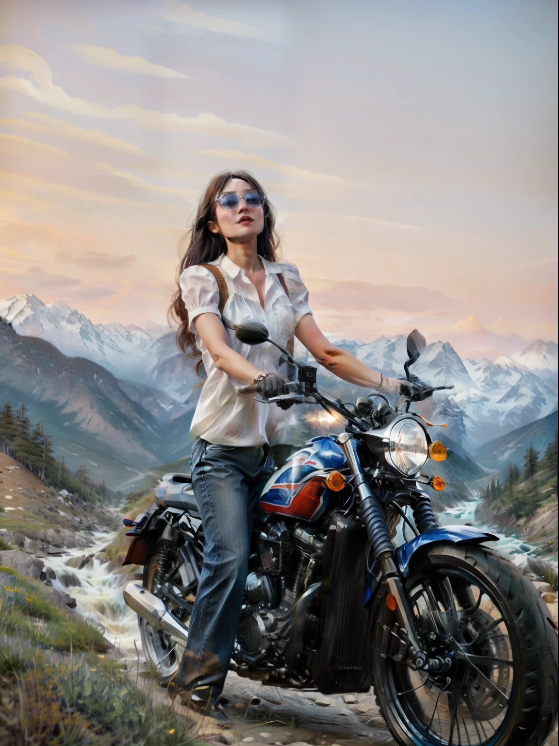 Sexy woman in white shirt and blue jeans, riding motorcycle, in mountains, streams, meadows, bright sky.