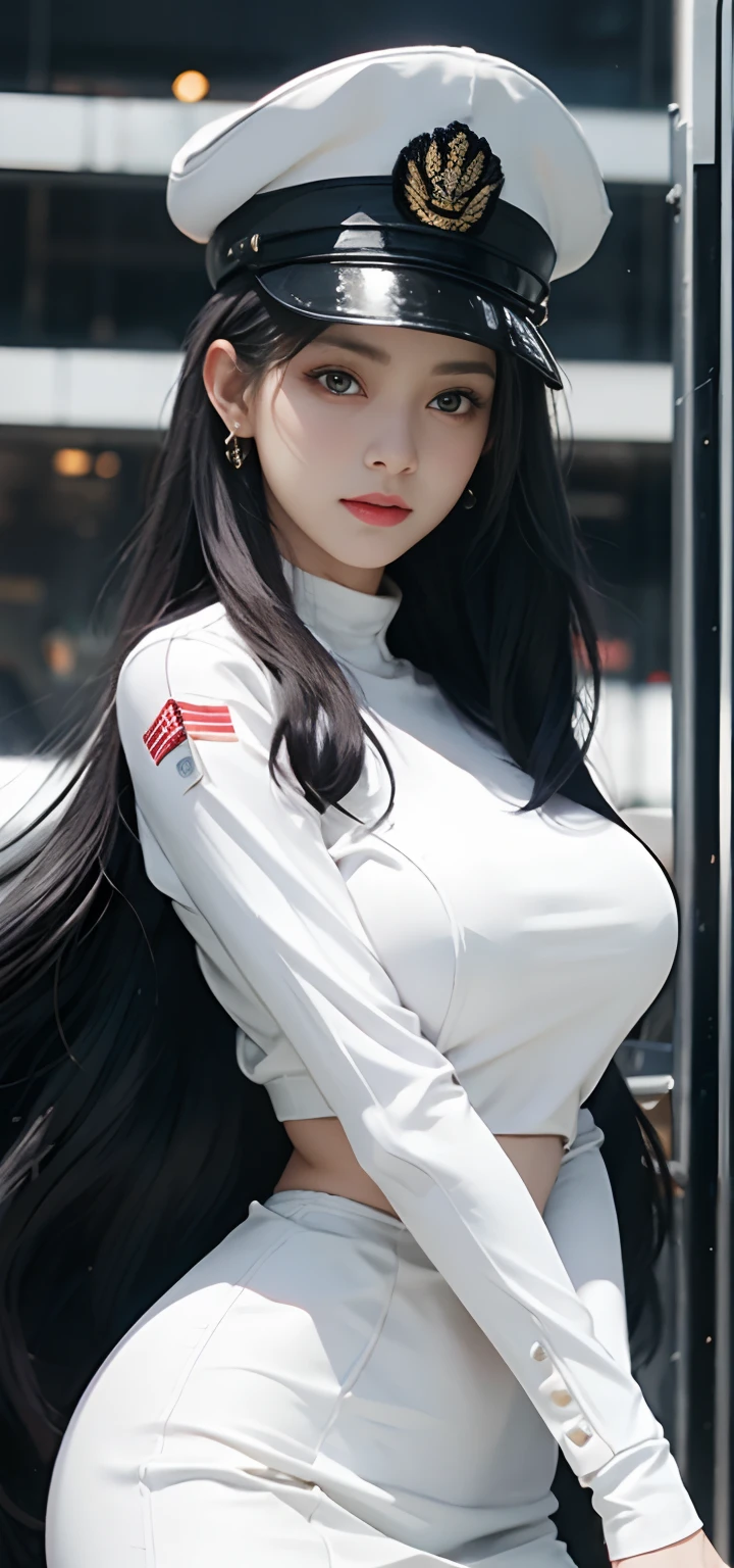 girl with, quality, top-quality, big breasts beautiful, prette, The sheen,On a warship, tmasterpiece,White Navy Uniform, Long Black Hair,With military cap,Eyes are sharp and affectionate,A sweet smile,battle posture,(((full armor:1.8))),white colors,(((facial detailing:1.2)))Bigchest,big breasts thin waist,long legged,bared chest,bare lower body,Camel toes