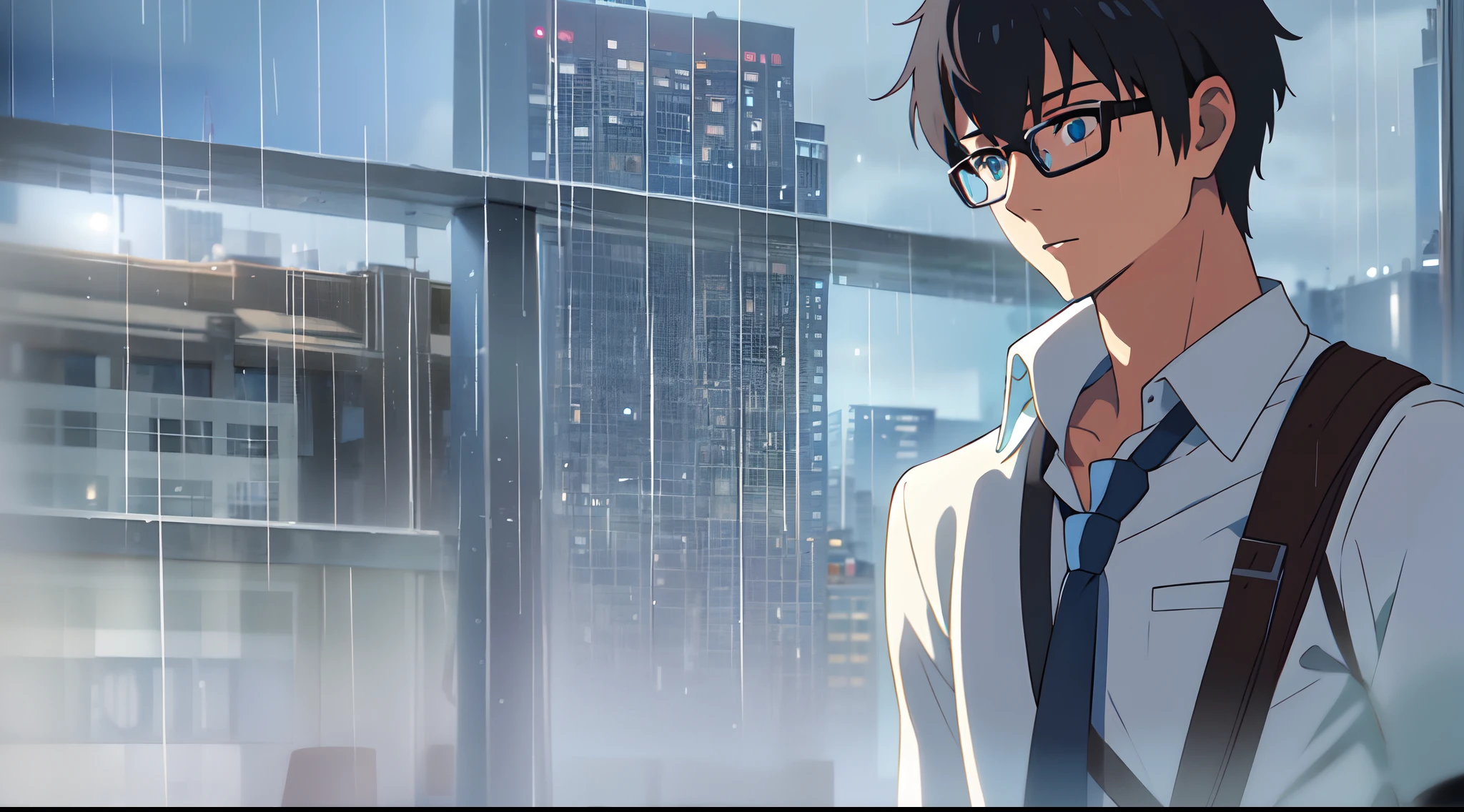 masterpiece, best quality, 1Boy, solo, short black hair, light blue eyes, eyewear, silent, sky, rain, transparent white shirt, blue necktie, sacks on chest, wet, close up, look at viewer, city