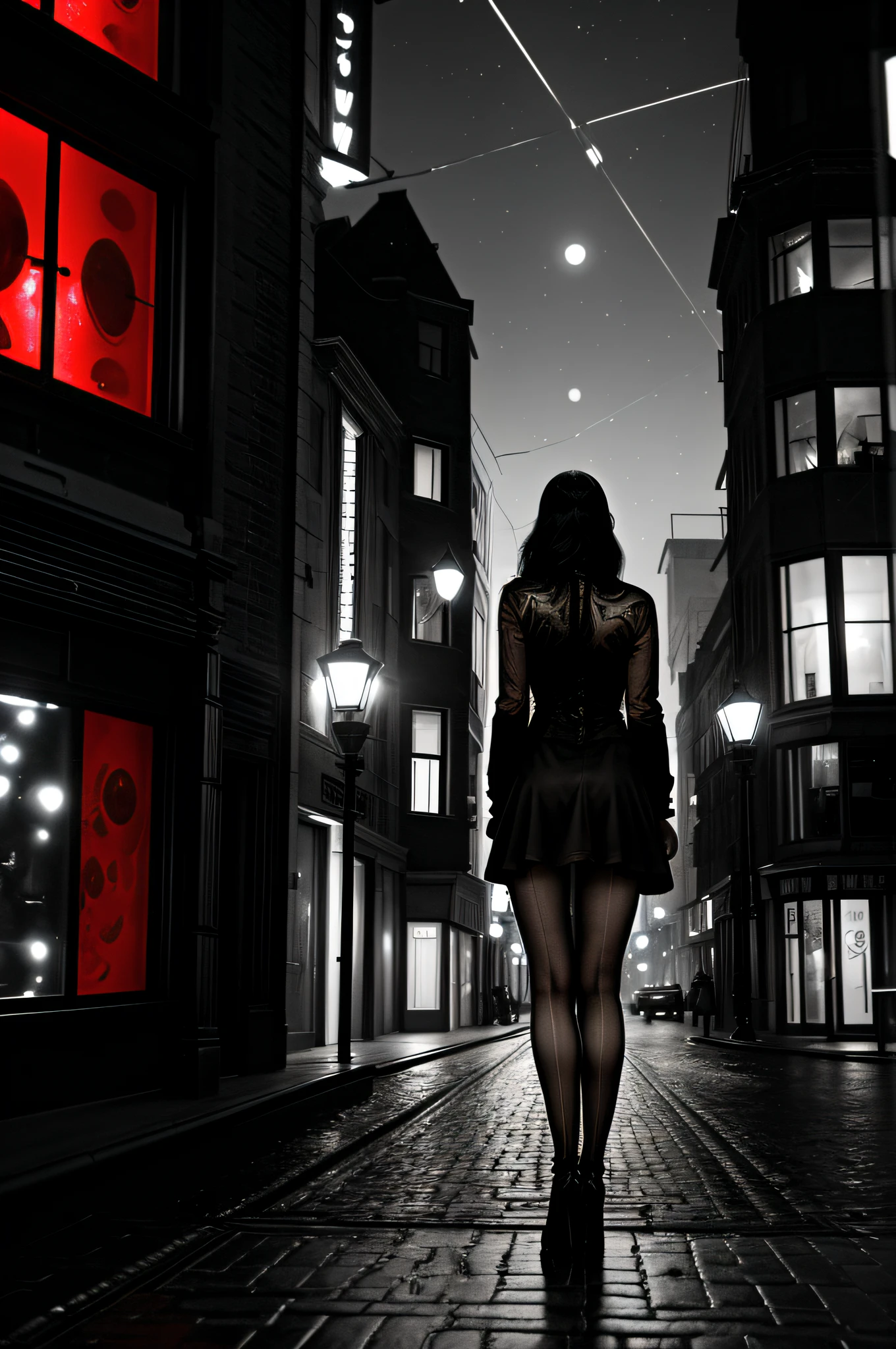 an award winning picture, black&white film , photorealistic, picture (best detailed: 1.5), of the red windows of Amsterdam, (best detailed: 1.5) picture in (black and white:1.5), a picture of a street on the river, you see the length of the street, the buildings from its start on the street are one or two stories high, its night time, model715(red lights:1.5) coming from all the windows of the buildings, the other side of the street is the a (river: 1.3), there is a  woman, (standing with her back to the camera: 1.2), beautiful woman in (black and white:1.5) dynamic hair, ultra feminine, she is wearing pantyhose, short skirt, and wearing high heels, the picture is a from street's floor, you see the street to the left, there are the buildings and the (model715 red light: 1.3) coming from them, and from the right side there is the  (river:1.4), the woman is standing in the street, her back is to the camera, (best detailed face: 1.5), its night time, there is moon light and stars, ultra best realistic, best details, best quality, 16k, (ultra detailed: 1.5), masterpiece, best quality, (extremely detailed), ultra wide shot, photorealism, depth of field, hyper realistic