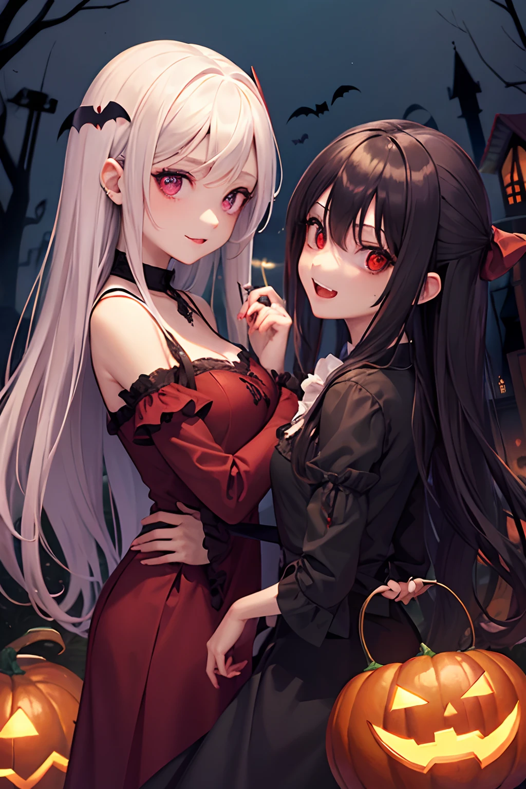 Halloween、Beautiful vampire girl and zombie girl２a person、High school students、Pumpkin Ghost、Vampire House、the bats、２a person、gazing at viewer、Sharp fangs、Bloods