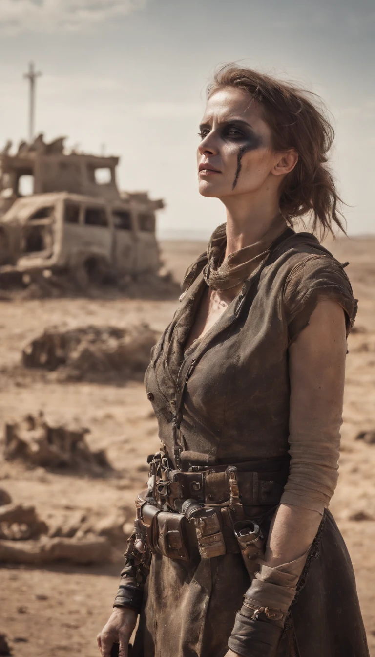 (((Post apocalyptic scenario, Desolate atmosphere, Dystopian landscape))),madmax,Postmodern wasteland punk style,Skeleton Singer