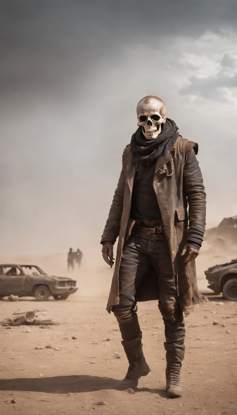 (((Post apocalyptic scenario, Desolate atmosphere, Dystopian landscape)))，madmax，Postmodern wasteland punk style，Skeleton Singer