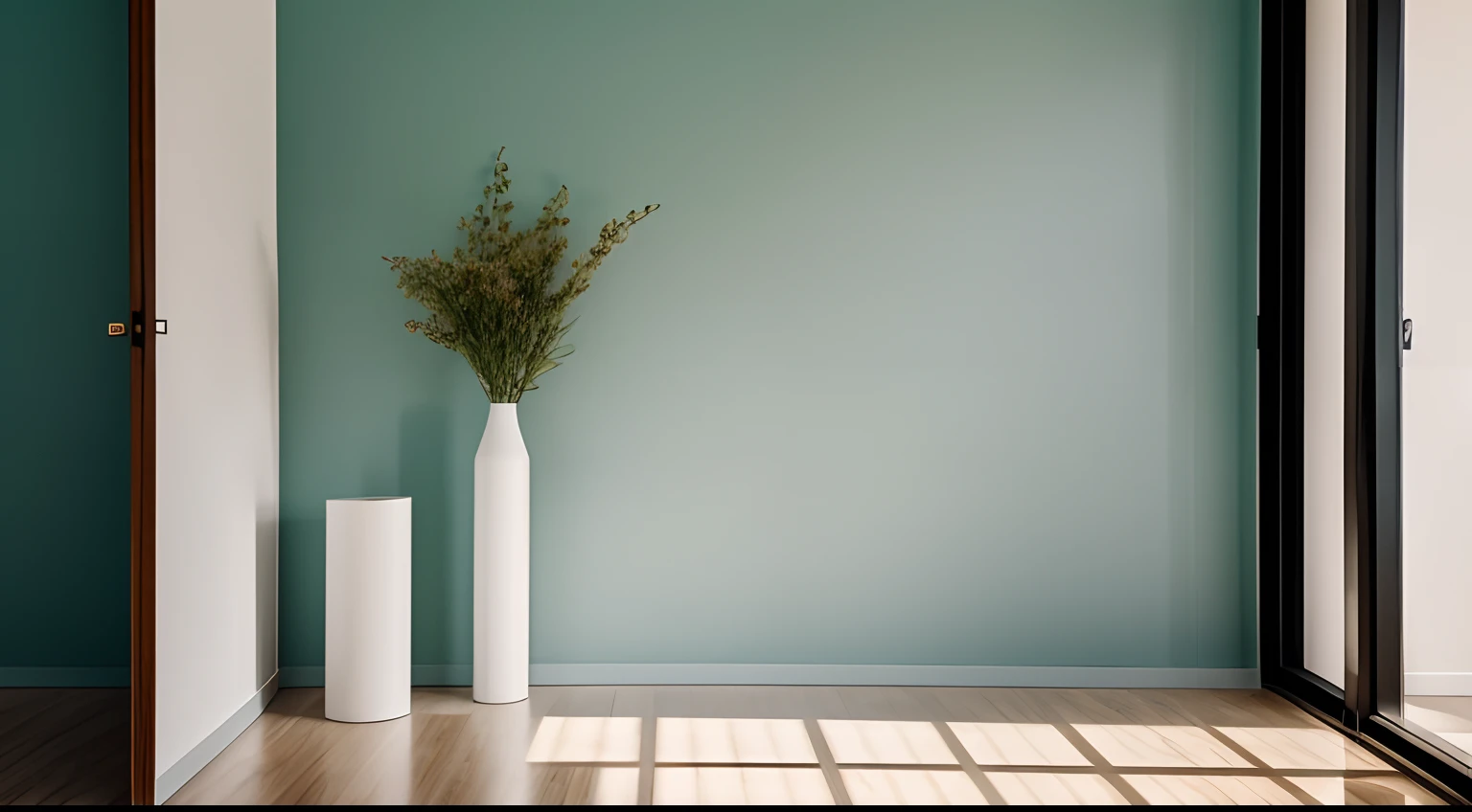 A room with minimal furniture and no people, featuring only one vase, one painting, and one drawer, Without sofa. The walls are painted in a light and low saturation Light Greenish Blue color(RGB code: (R: 80, G: 237, B: 195) Hex : #50EDC3). The overall color tone of the room is consistent. without any direct sunlight or daylight effect. Tags: one vase, one painting, one drawer, minimal furniture,, one-tone color scheme, no sun, no daylight. From the point of view of a person in front of a parallel wall of the camera, for background, light and low saturation color