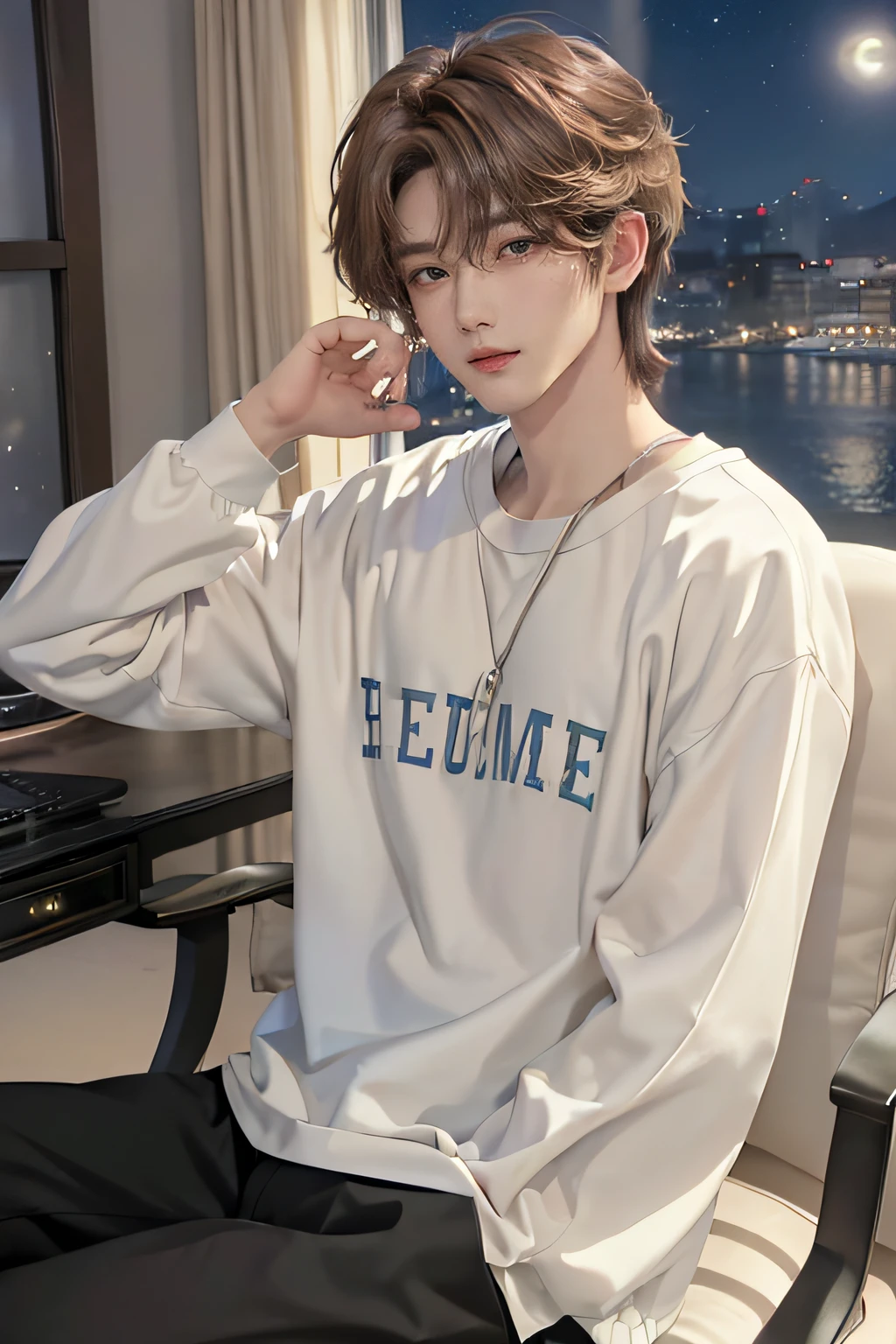 ((in 8K))、​masterpiece、（top-quality)、((high-level image quality))、One Manly Boy、((Fashionable men's personal wear))、(Detailed beautiful eyes)、Stylish homeroom at night with a view of the night sky from the window、Take a selfie while sitting in a gaming chair in front of your PC、Face similar to Chaewon in Ruseraphim、((short hair above the ears))、((Smaller face))、((Neutral face))、((Light brown eyes))、((Korean boy))、((18year old))、((Handsome man))、((Wild look))、((Korean Makeup))、((elongated and sharp eyes))、((During game streaming))