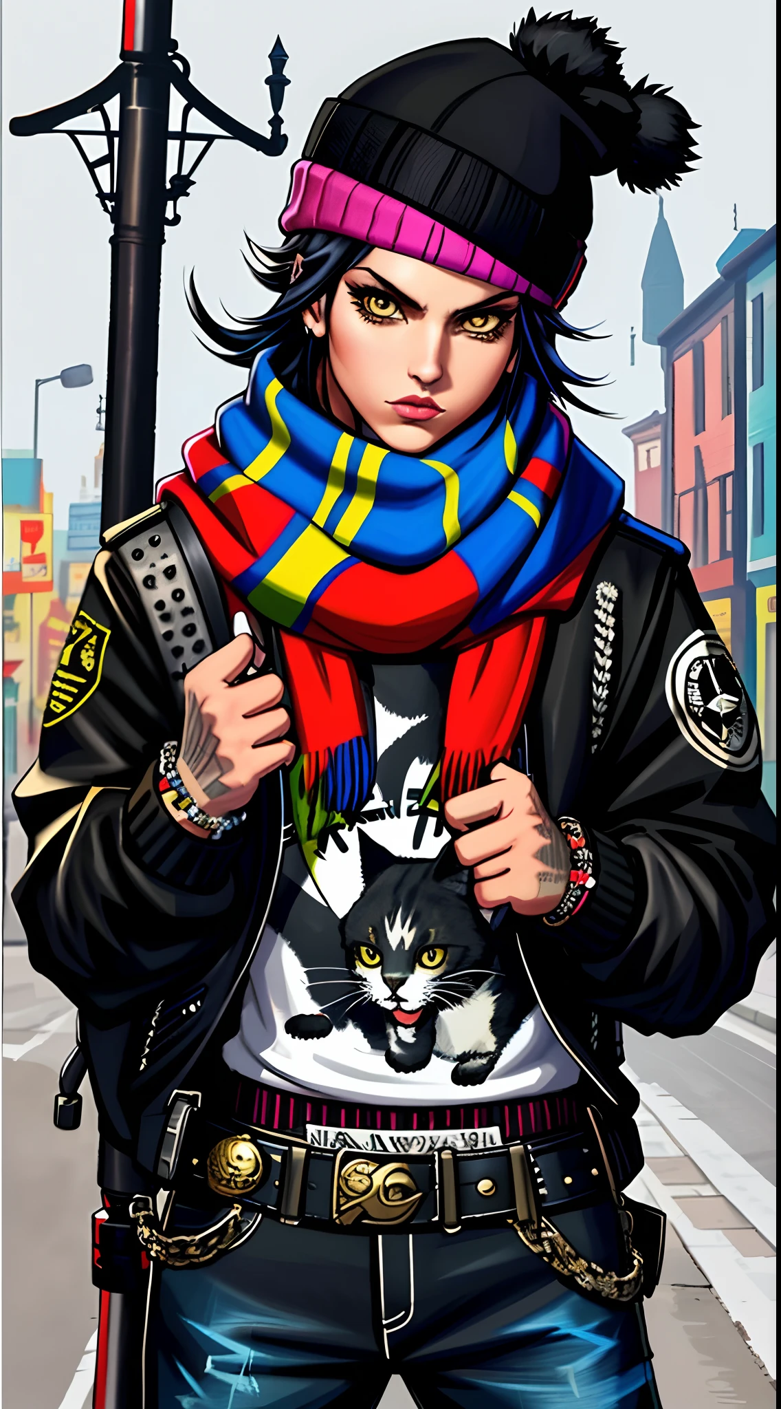 a painting of a cat wearing a hat and scarf, trending in the art station, dressed in punk clothes, detailed hyper realistic rendering, british gang member, street style, intimidating pose, planet of the cats, clothes with fashion, urban samurai, meow, west slavic features, 8 1 5