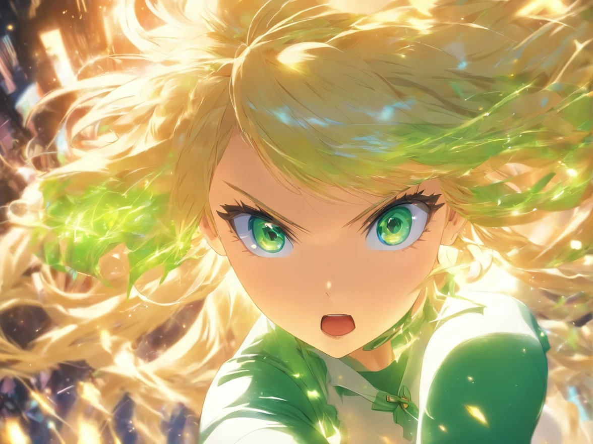 1 girl, long blonde hair, blue eyes, blue short skirt, green blouse, long white tights