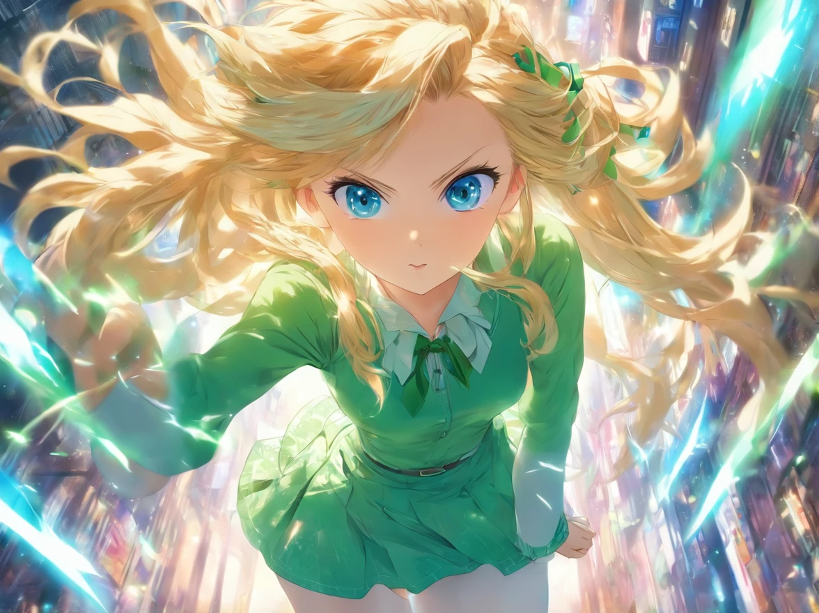 1 girl, long blonde hair, blue eyes, blue short skirt, green blouse, long white tights