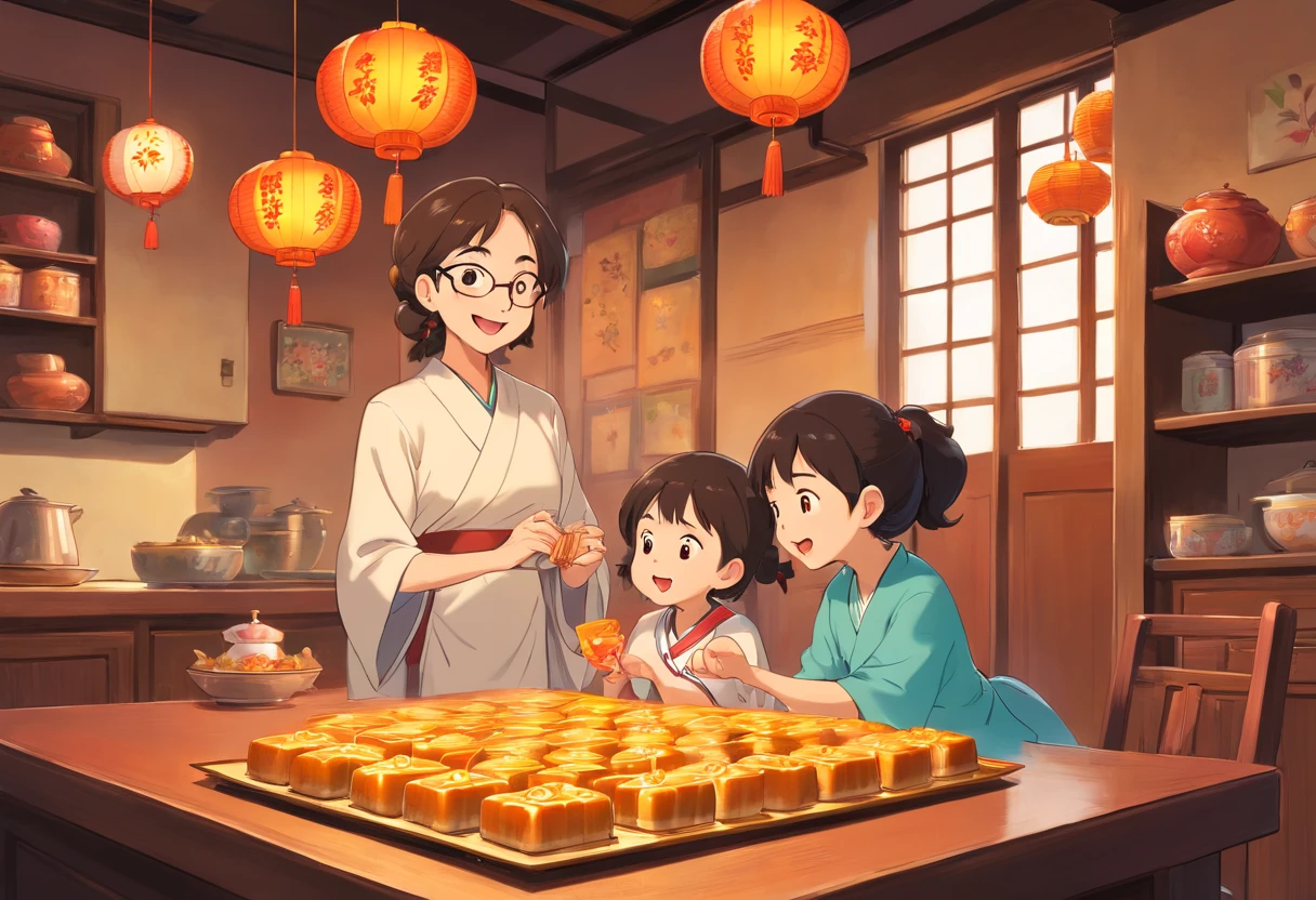 The whole family eats mooncakes at home,Mom and dad laugh with their children,chinese style,colorful kids book illustration,Simple and clean graphics,White basemap,
