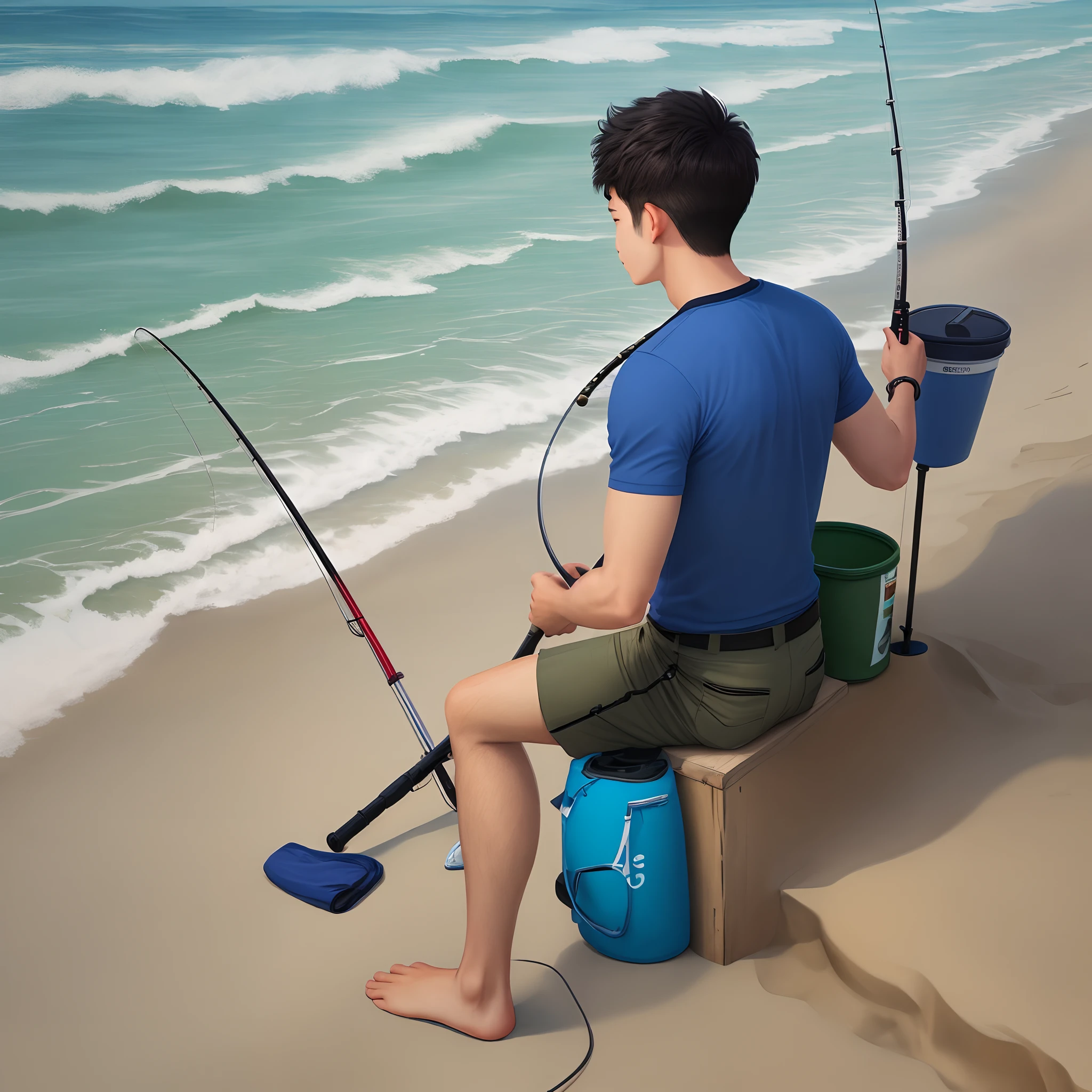 On the beach, a handsome boy with a fishing rod is fishing