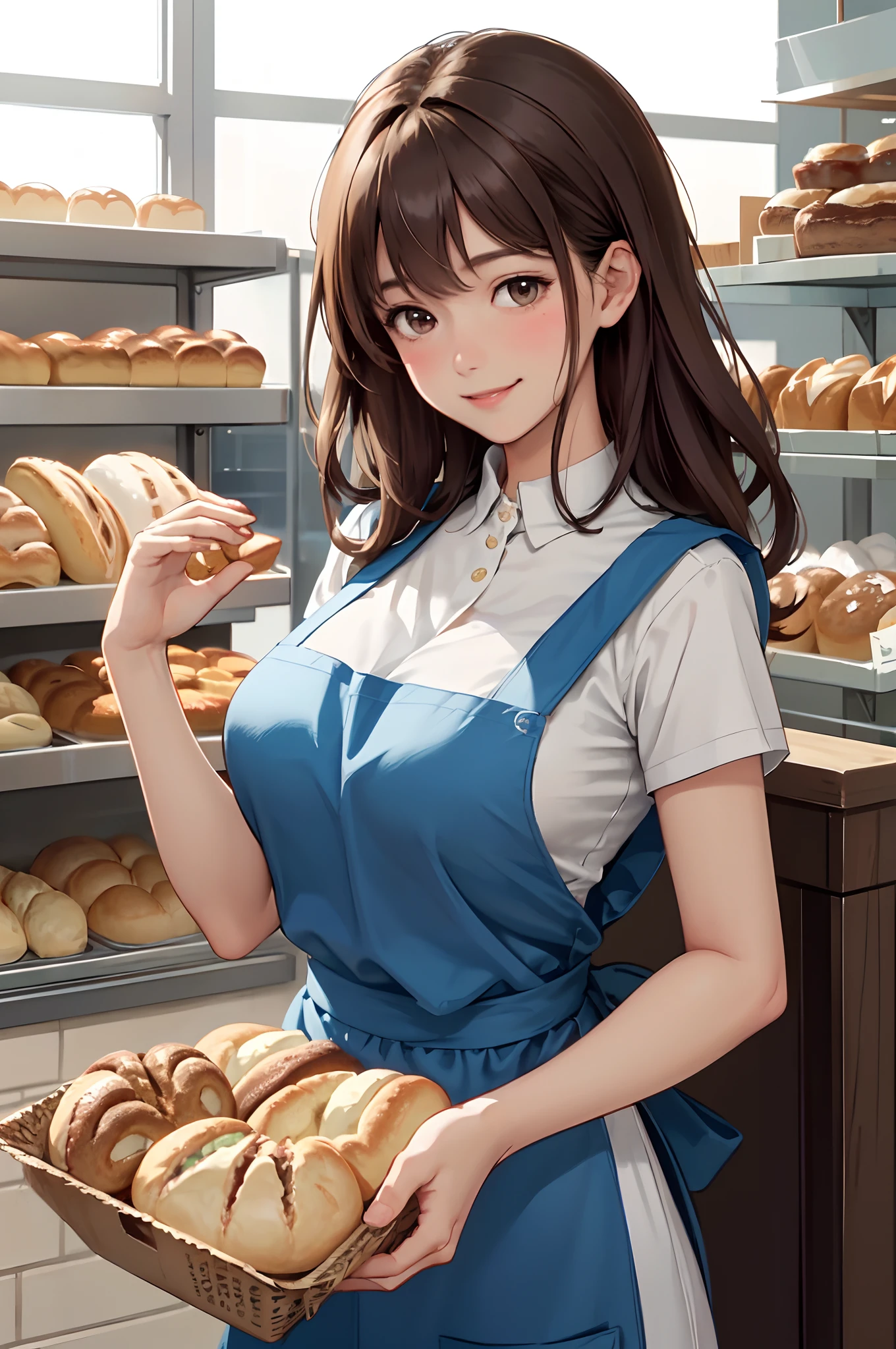 1lady solo, /(staff uniform/) /(brown apron/), /(brown hair/) bangs, blush kind smile, (masterpiece best quality:1.2) delicate illustration ultra-detailed, large breasts BREAST /(bakery shop/)