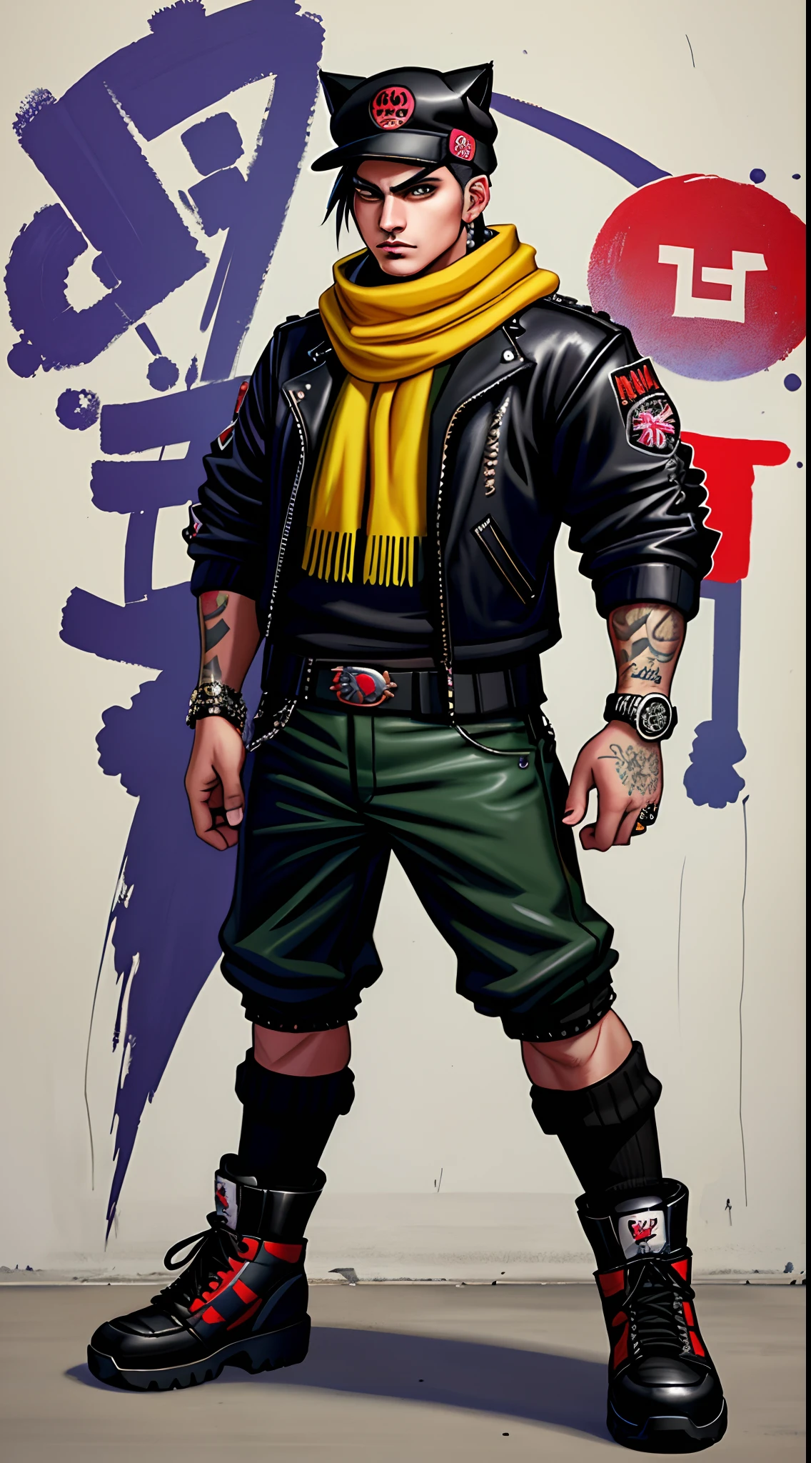 a painting of a cat wearing a hat and scarf, trending in the art station, dressed in punk clothes, detailed hyper realistic rendering, british gang member, street style, intimidating pose, planet of the cats, clothes with fashion, urban samurai, meow, west slavic features, 8 1 5