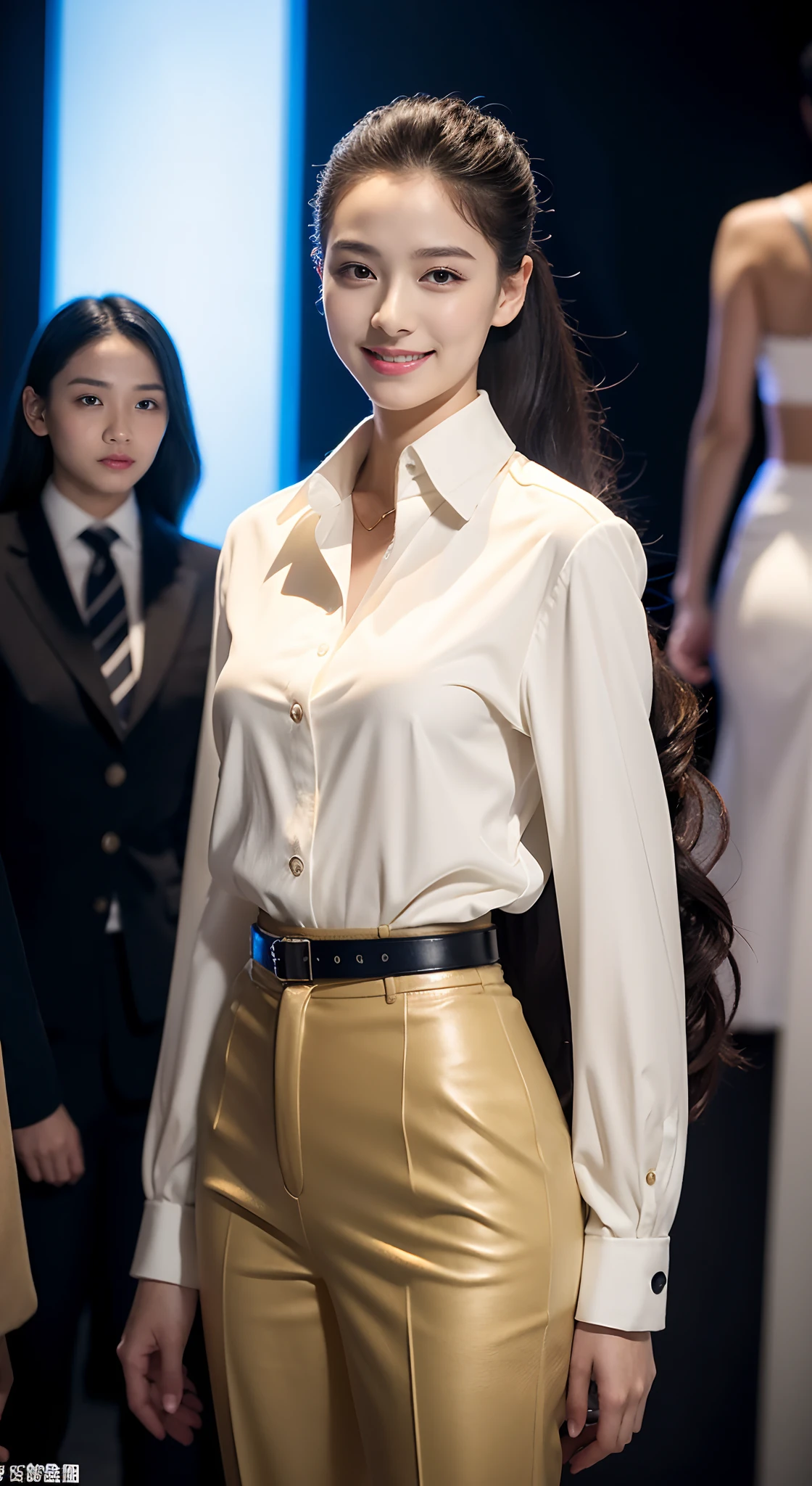 (8K分辨率,Full-body photos),(1womanl,age 22,((rosto magro,Flushed face,delicated face,详细的脸),Slightly squinted eyes,Seductive smile,(Single ponytail,Long hair micro-curls)),Fair smooth skin,(Best Skin Type:1.21),busty figure,((Bespoke slim suit,White shirt,No underwear,denim pant,Leather boots(High-grade materials,knitting,real silk,leathers),Thin band,Metal necklace,jewely),Tall and tall,(dancing posture,Naturally placed hands),delicate artwork,perfect hand,Ultra-fine clothing material),(Urban street background,Shuttling through the crowd,Exquisite setup details),(Professional lighting,Artistic lighting),((Dress neutrally,Material contrast,Fit contrast,Color contrast,Uniform tones,))),(Golden section,Cinema lenses,Hasselblad photograp,tmasterpiece:1.3),(advanced art,High-end streetwear,Official propaganda,Art platform)