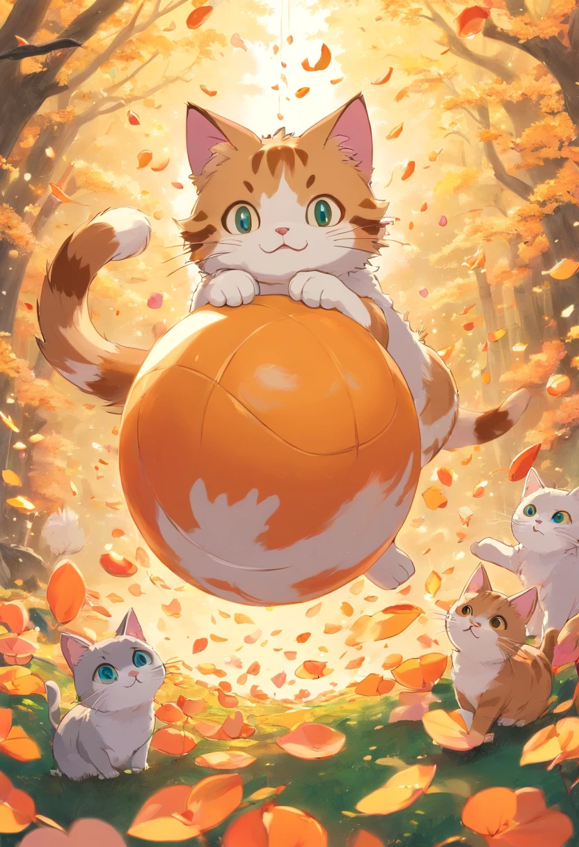 Obra maestra, La mejor calidad, Gato y bola de hilo, Gato jugando con bola de hilo, Detalles, warm colours, Falling peach petals around, Anime de gatos, Lindo