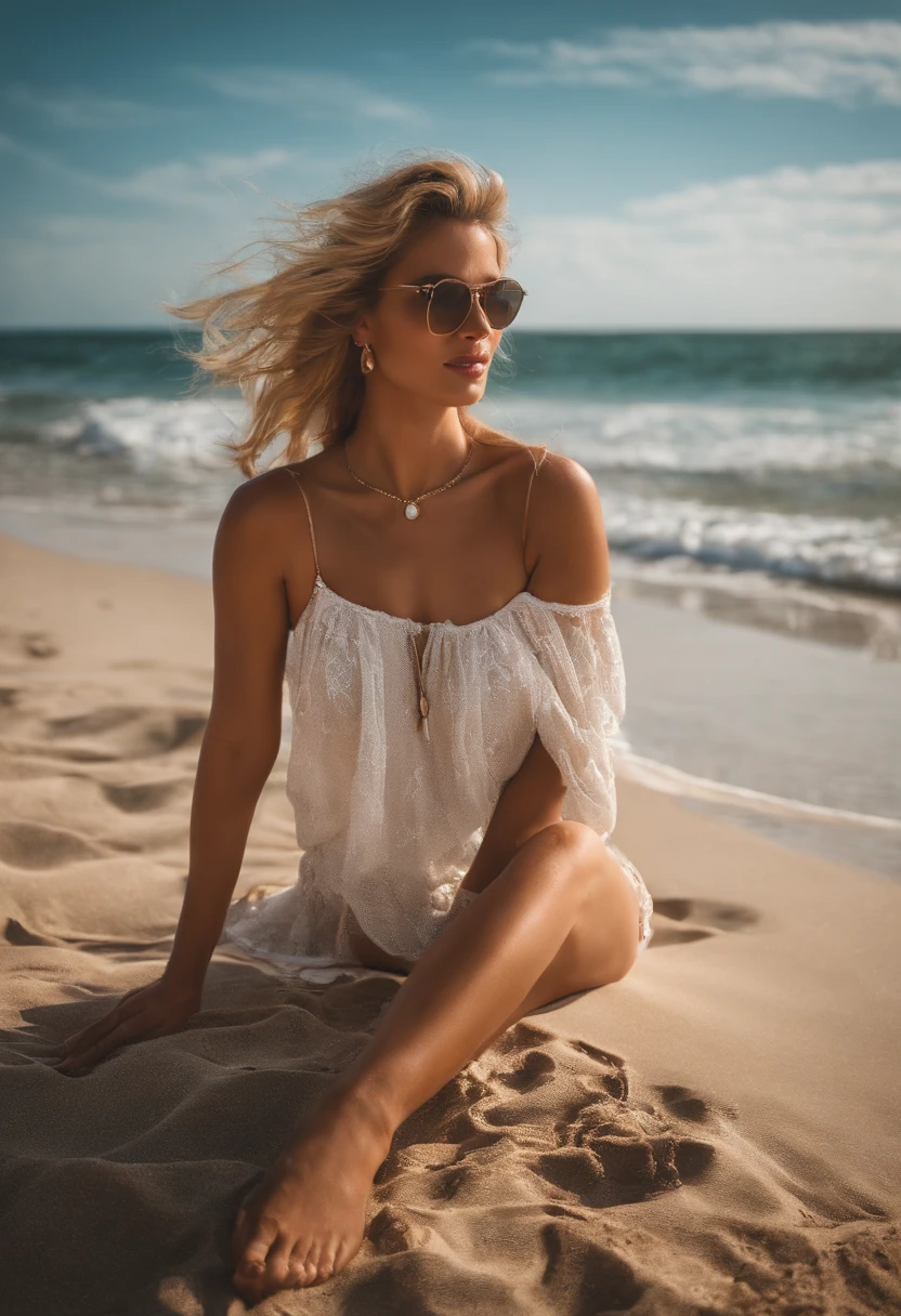 rubia muy sexy en  la playa tomando margarita