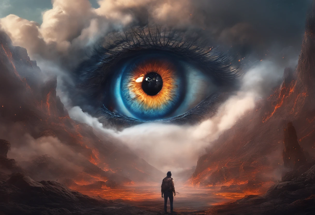eye in the middle of a cloud of volcano smoke, Volcano erupting with eye on top, tons de azul, arte digital inspirada em Cyril Rolando, surrealismo, Portrait of a giant eye in the smoke of a volcano, mystic eye, nuvem de fumo com um olho, surrealismo
