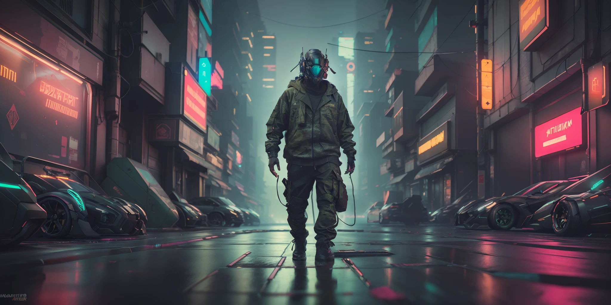 (masterpiece, full body shot, intricate raw photography) Cyberpunk citizen, comfortable super oversized asymetrical
green camouflage pattern techwear jacket, black hoodie, black cargo pants, black clothing, dark, wearing a futuristic black helmet high-tech, aerodynamic, intricate, futuristic, advanced technology, dark environment, dramatic, light and shadow, cinematic, action movie, sharpness, random relaxed position, cyberpunk city, street neon lights, dark street, night, insta photo, photo of the year, octane render, substance, Maya 3D, cinema4D, ArtStation Trending, Devian Art Trend,