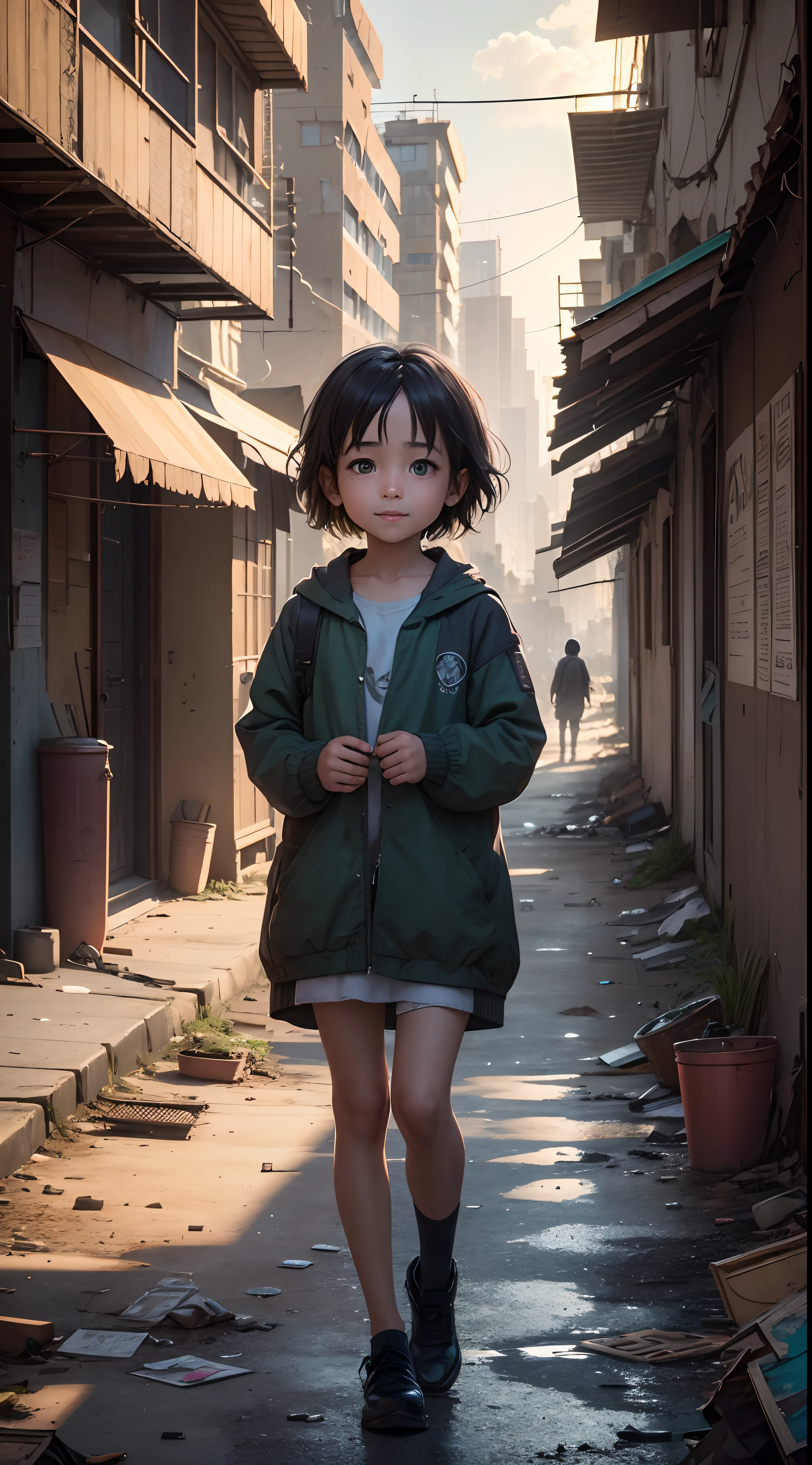 (extremely detailed CG unity 8k wallpaper,masterpiece, best quality, ultra-detailed),(best illumination, best shadow, an extremely delicate and beautiful), a , green eyes, smile, happy, background The backdrop of a vibrant, gritty urban setting, rich in color. The cityscape, though marked by dilapidation, exudes a kaleidoscope of hues, capturing the essence of its resilience amid the harsh realities. Despite the apparent urban decay, there is an undeniable beauty in the diverse palette that paints the canvas of this bustling, resilient city