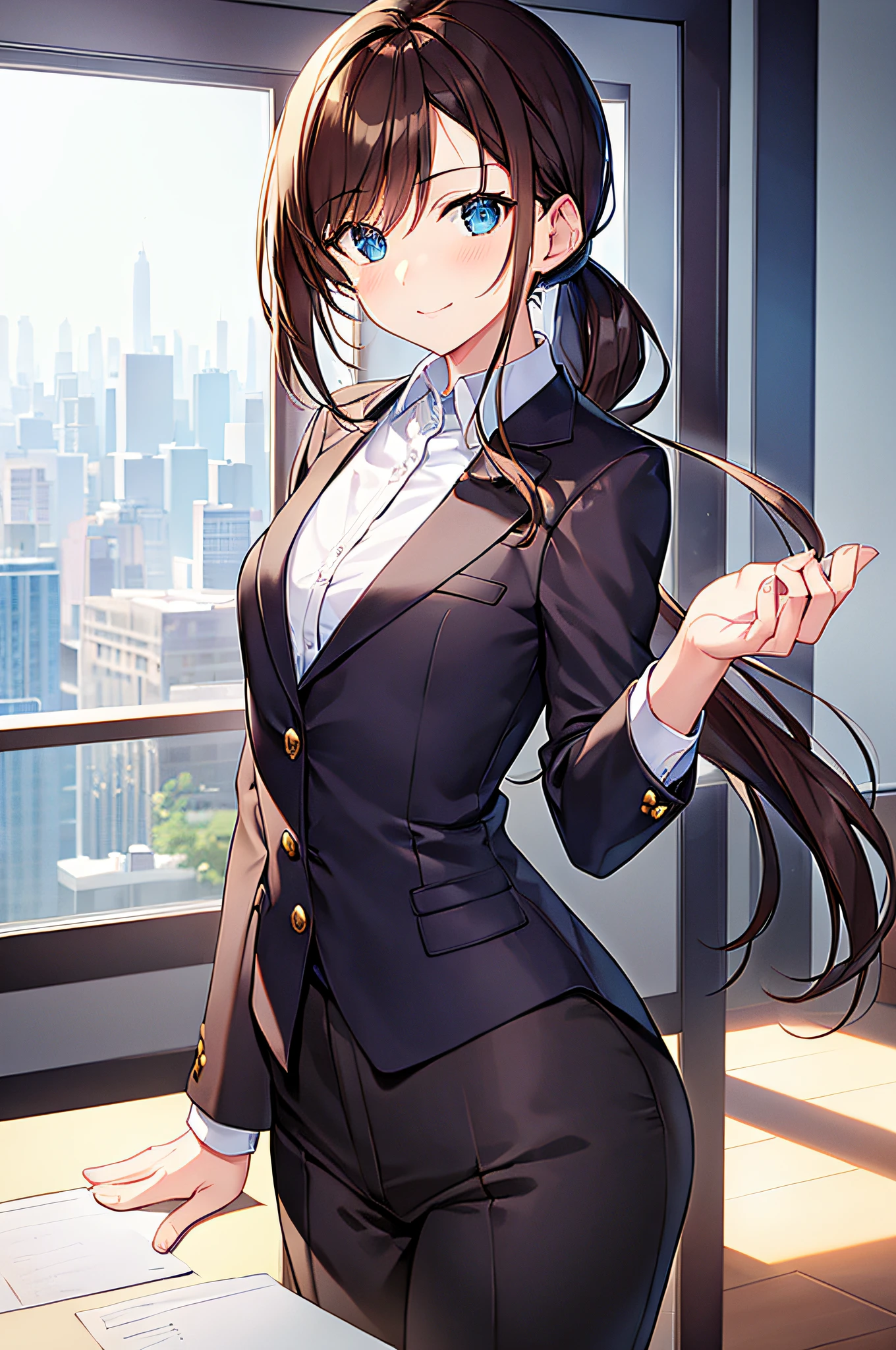 (masterpiece), best quality, expressive eyes, perfect face, half body, looking at viewer, dutch angle, cowboy shot, two women, one with dark brown hair with long pony tail hair, one with light brown hair with short hair, woman, wearing suits, blazer, long trousers, light smile, formal attire, normal look, not sexy look, small breasts, inside an office, window with city view in background, desk infront of the window