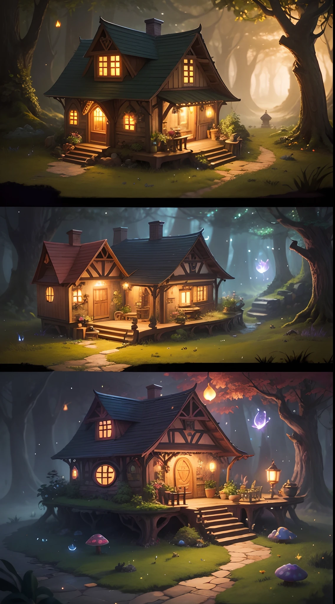 Generate an enchanting image of quaint, whimsical houses tucked away in a vibrant jungle, exuding both a magical aura and a cozy Hobbit-like charm. Enhance the image's quality by enriching colors, refining details, and sharpening textures. Add depth and dimension to this mystical scene, highlighting the intricate features of the miniature homes, surrounding foliage, and mystical elements like glowing mushrooms and sparkling fireflies. Ensure that the final image evokes a sense of wonder and transports viewers to a world where nature and fantasy coexist harmoniously.