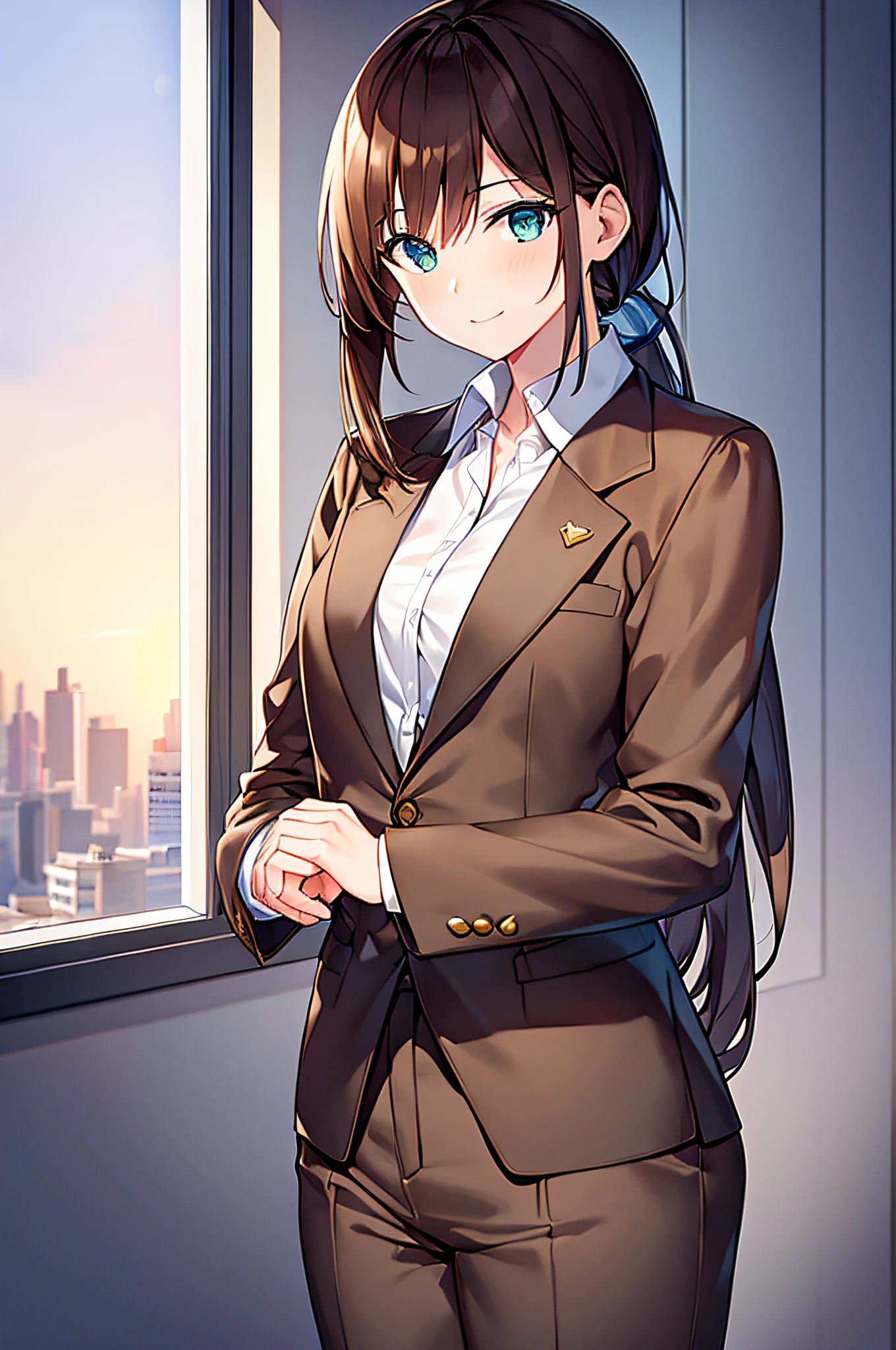 (masterpiece), best quality, expressive eyes, perfect face, half body, looking at viewer, dutch angle, cowboy shot, two women, one with dark brown hair with long pony tail hair, one with light brown hair with short hair, woman, wearing suits, blazer, long trousers, light smile, formal attire, normal look, not sexy look, small breasts, inside an office, window with city view in background, desk infront of the window