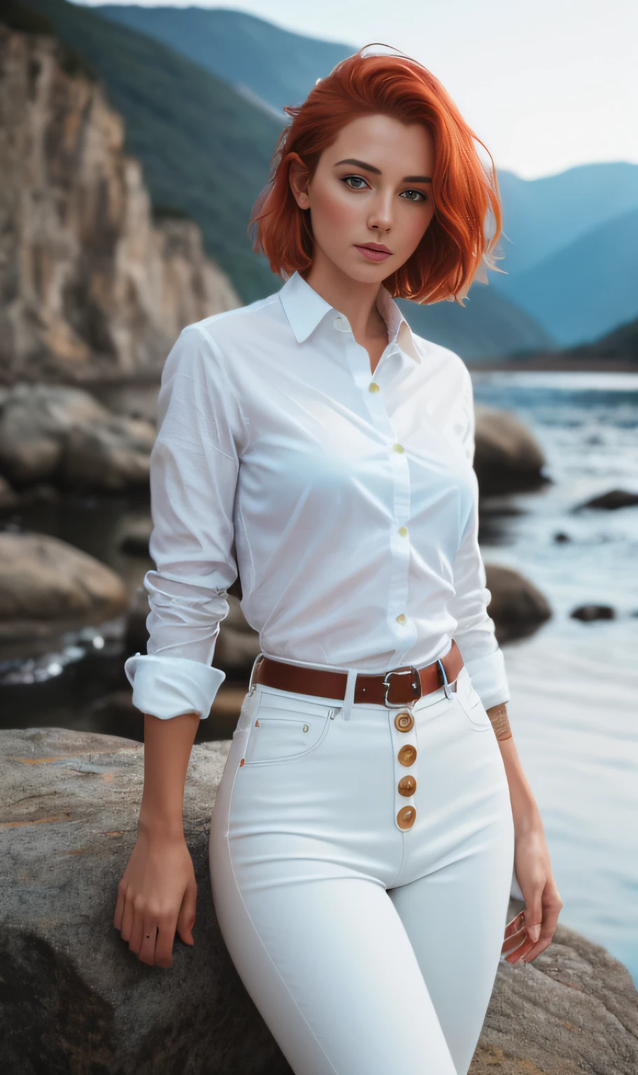 Masterpiece, (((full figure))) entire body in frame, (((magical lighting action shot))) (((beautiful slight smile anorexic pale goddess irrish woman standing on rocks overlooking kingdom high camera angle))), (((white pants, blue button up shirt))) , (((long redhead hair))) sunset lighting, golden hour, golden colors, very detailed, dramatic lighting, digital art trending on Artstation 8k HD high definition detailed realistic, detailed, skin texture, hyper detailed, realistic skin texture, armature, best quality, ultra high res, (photorealistic:1.4), high resolution, detailed, raw photo, sharp re, by lee jeffries nikon d850 film stock photograph 4 kodak portra 400 camera f1.6 lens rich colors hyper realistic lifelike texture dramatic lighting unrealengine trending on artstation cinestill 800, (((accurate female anatomy)))