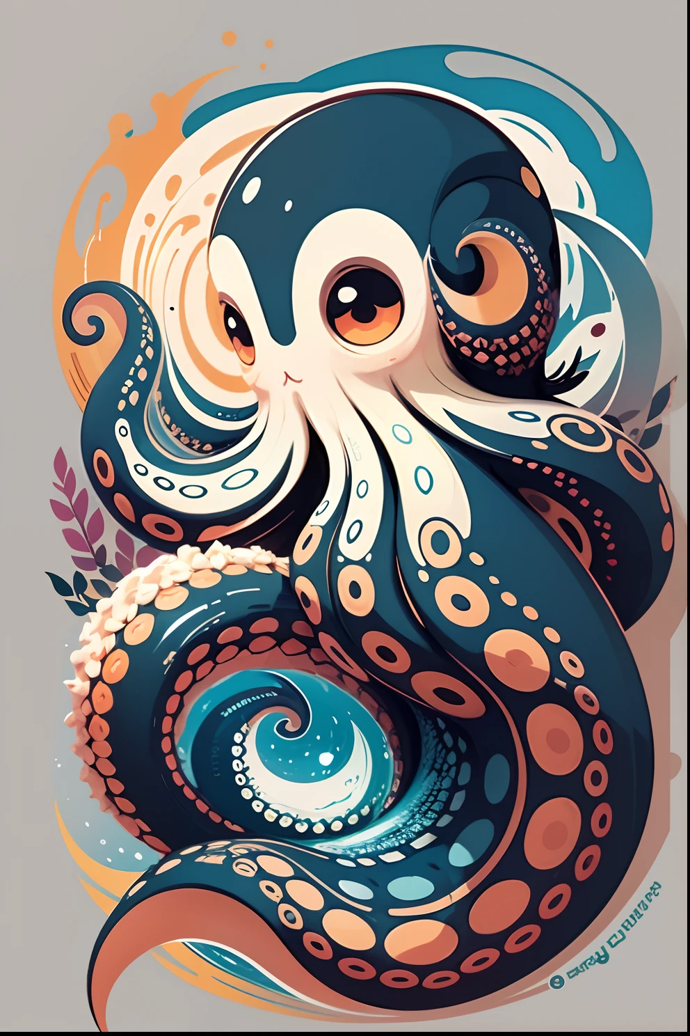 An emblematic logo of an octopus of vibrant colors, water elements, simple design, vector art, minimal