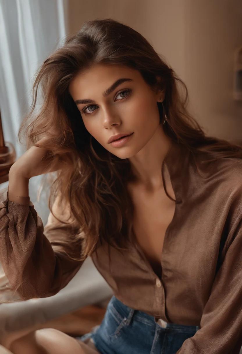 Arafed woman in sheer lingerie and thong, Sexy girl with brown eyes, Portrait of Kaia Gerber , brown hair and large eyes, selfie of a young woman, Eyes Bedroom , no makeup, natural makeup, looking straight at camera, face with artgram, fine makeup, Stunning full-length shot, in kitchen, cleavage
