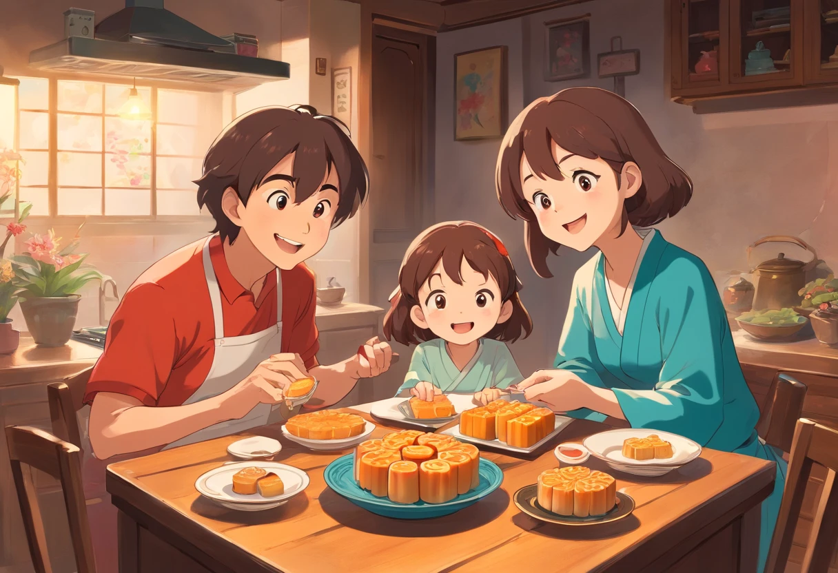 The whole family eats mooncakes at home，Mom and dad laugh with their children，Simple and modern，colorful kids book illustration，Simple and clean graphics，White basemap，