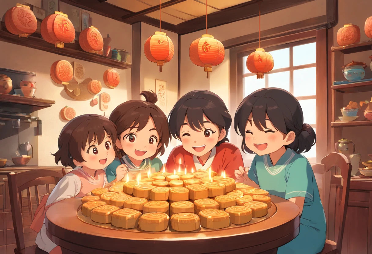 The whole family eats mooncakes at home,Mom and dad laugh with their children,Simple and modern,colorful kids book illustration,Simple and clean graphics,White basemap,
