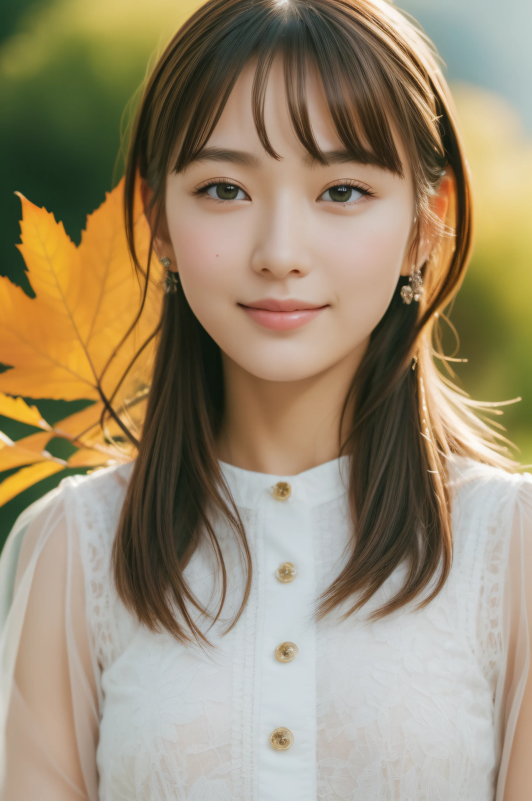 (((​masterpiece))), top-quality, Extremely detailed, Detailed background, 1 girl, Very beautiful girl, Japanese,  yo, solo, Detailed face, Bangs, Smile, (Random hairstyles :1.2), (Young Face), (Perfect body:1.1), Blouse, Summer, in 8K, Wallpaper, amazing, finely detail, Ultra-detailed, 超A high resolution, Extremely detailed, Pure erotic face, extremely detailed eye and face, Beautiful detailed eyes, highly detailedskin, No makeup, (Natural Skin),Vibrant autumn foliage in the mountains