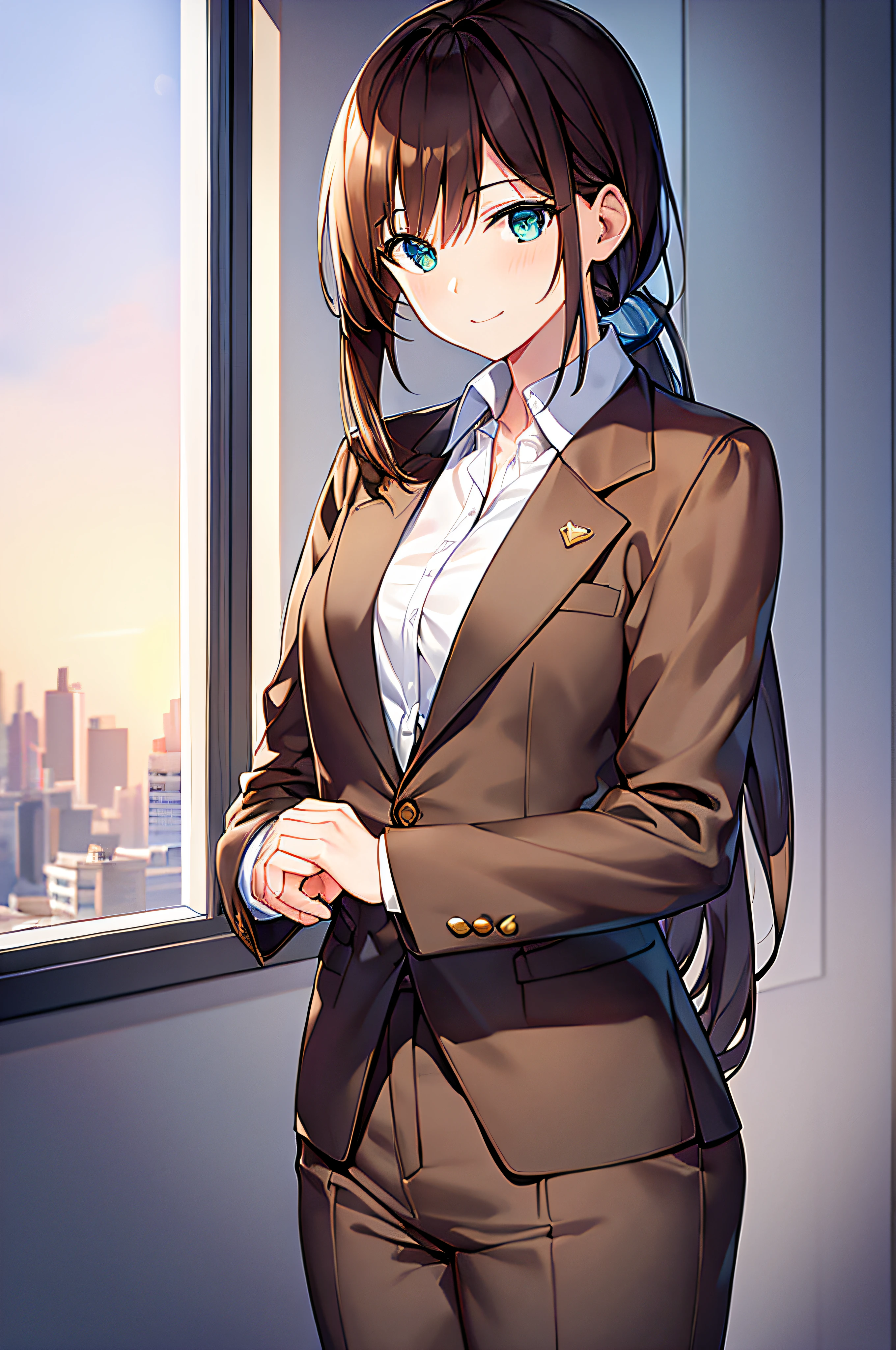 (masterpiece), best quality, expressive eyes, perfect face, half body, looking at viewer, dutch angle, cowboy shot, two women, one with dark brown hair with long pony tail hair, one with light brown hair with short hair, woman, wearing suits, blazer, long trousers, light smile, formal attire, normal look, not sexy look, small breasts, inside an office, window with city view in background, desk infront of the window