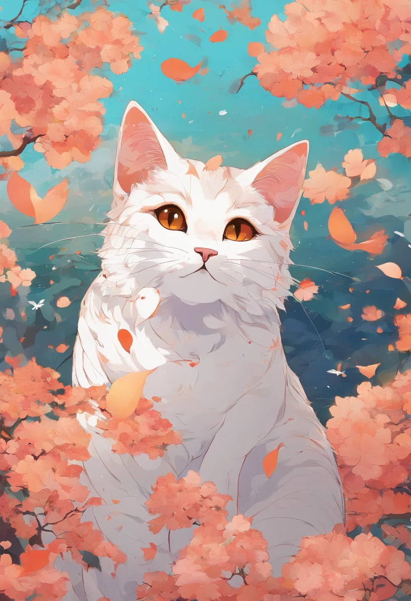 Obra maestra, La mejor calidad, Gato y bola de hilo, Gato jugando con bola de hilo, Detalles, warm colours, Falling peach petals around, Anime de gatos, Lindo