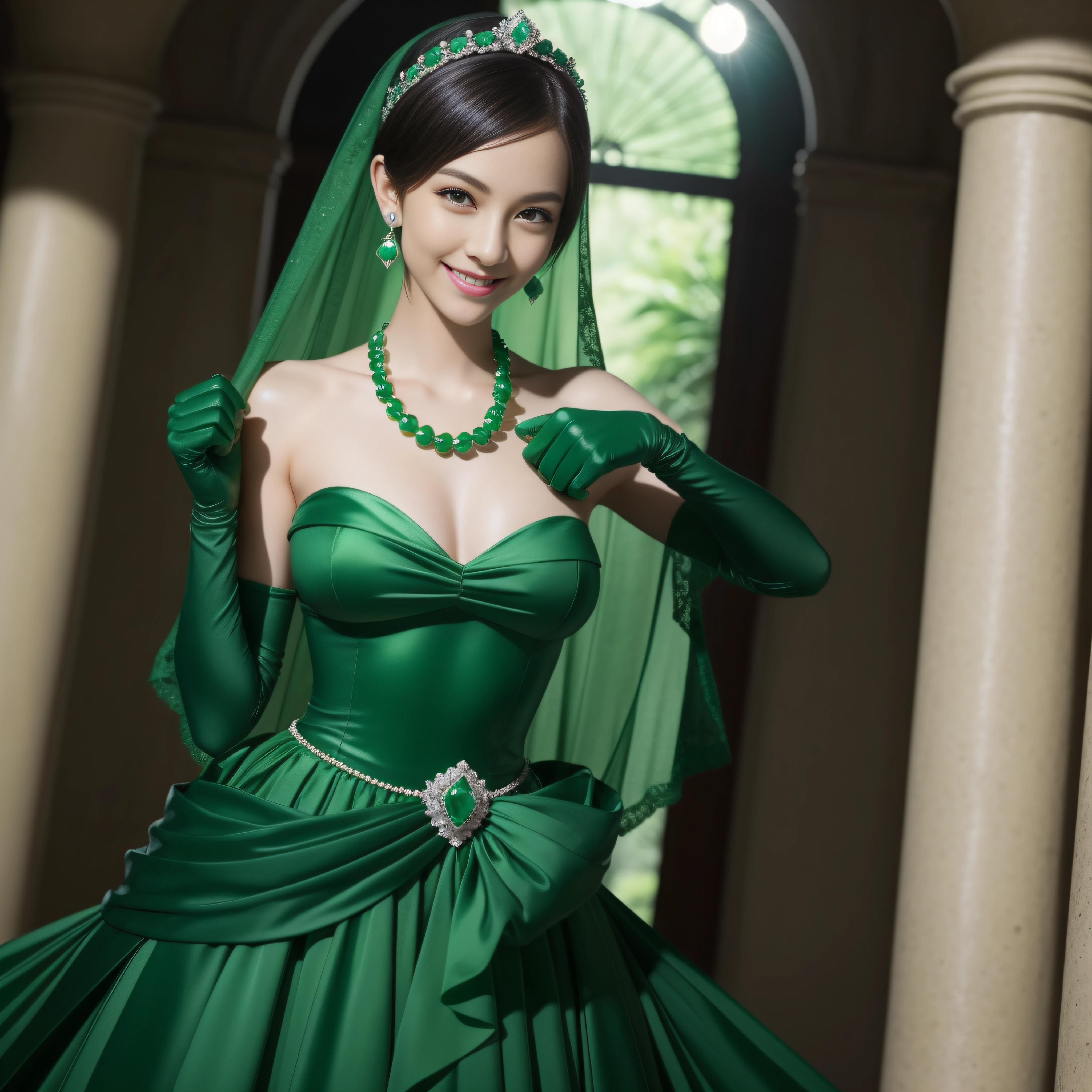 emerald tiara, Green Pearl Necklace, Boyish very short green hair, lipsticks, Japan woman smiling, very short short hair, fist, big breasts beautiful, Green eyes, Long green gloves made of satin material, Green eyes, Emerald Earrings