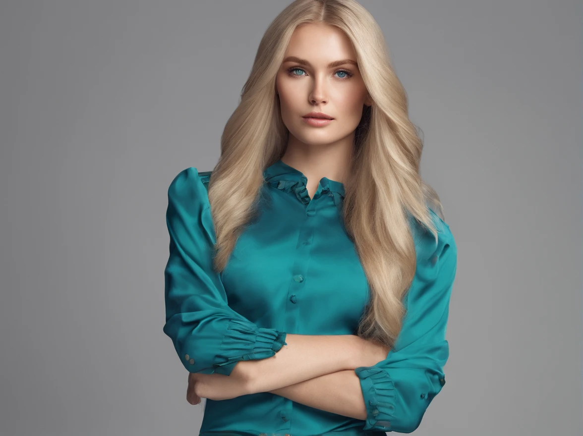 1 girl standing, long blonde hair, blue eyes, blue short skirt, green blouse, long white tights