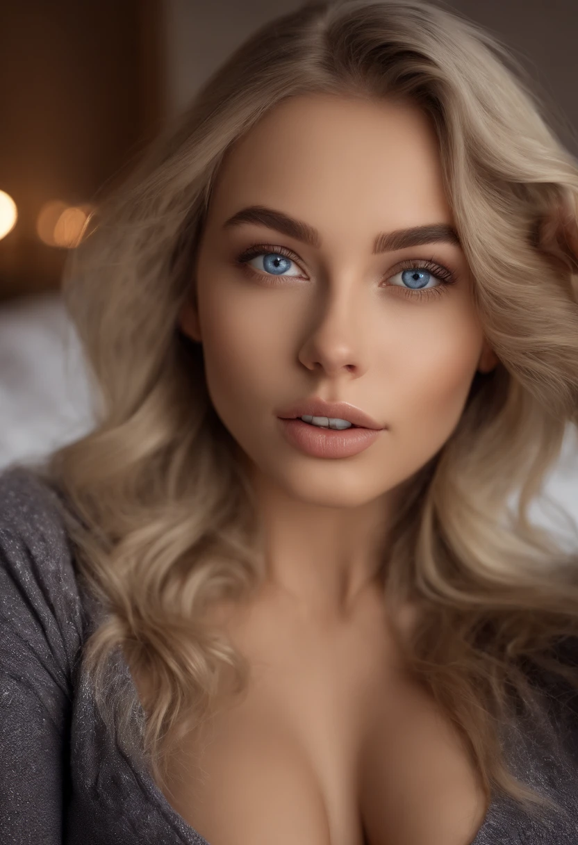 arafed woman fully , sexy girl with blue eyes, ultra realistic, meticulously detailed, portrait sophie mudd, blonde hair and large eyes, selfie of a young woman, bedroom eyes, violet myers, without makeup, natural makeup, looking directly at the camera, face with artgram, subtle makeup, stunning full body shot kneeling on bed, in bedroom, medium to large size bust; ; ;naked, nipples showing, medium to large breasts exposed, shaved bottom,