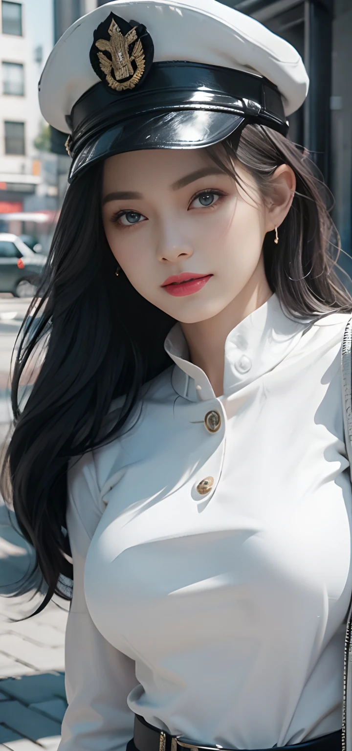girl with， quality， top-quality， big breasts beautiful， prette， The sheen，On a warship， tmasterpiece，White Navy Uniform， Long Black Hair，With military cap，Eyes are sharp and affectionate，A sweet smile，battle posture，（（（full armor：1.8））），white colors，（（（facial detailing：1.2）））Bigchest，big breasts thin waist，long legged，bared  chest，bare lower body，Camel toes