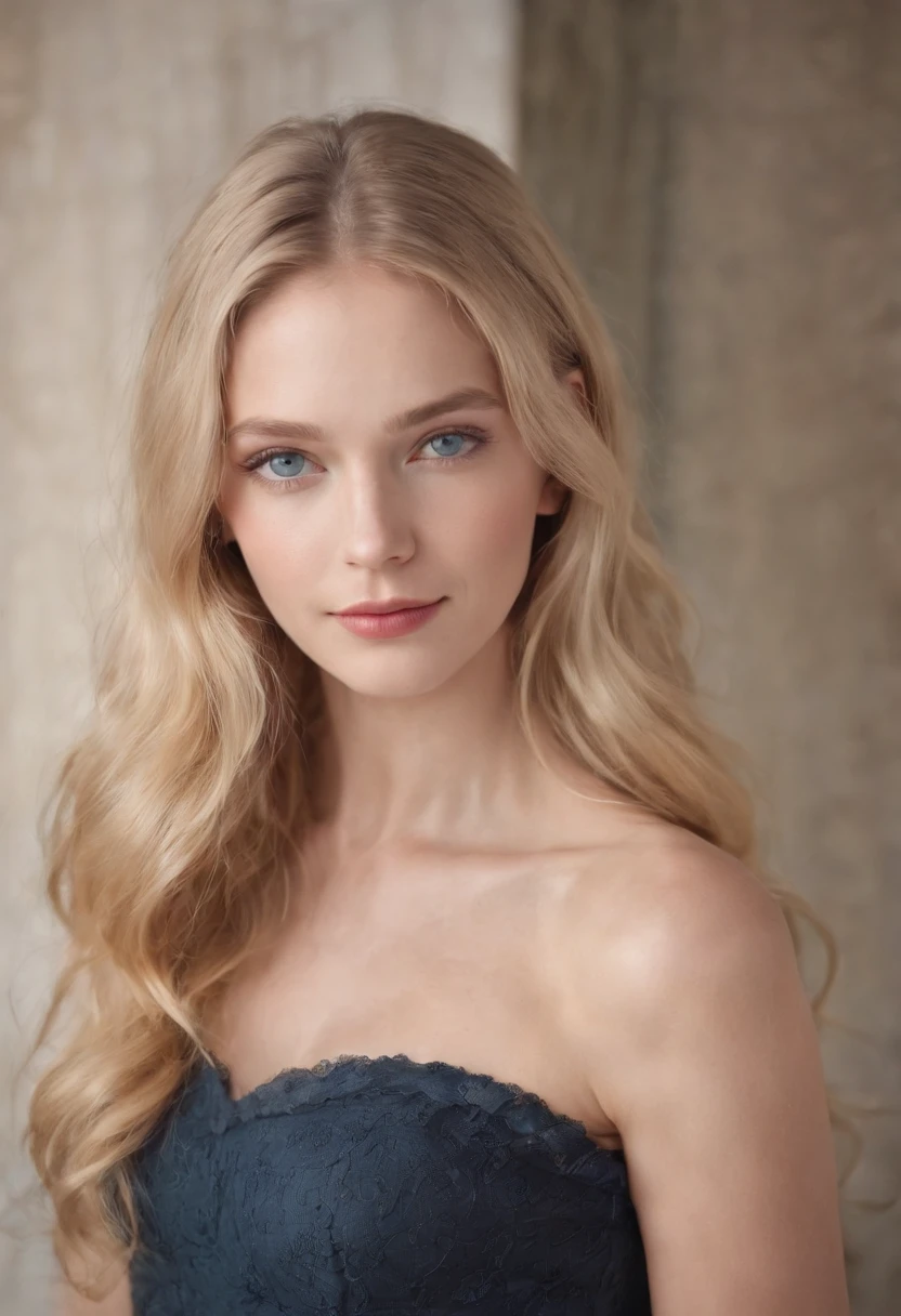 1 65-year-old girl, Long wavy blonde hair, Looking at Viewer, Bare shoulders, Blue eyes light reflection, Jewelry, photographrealistic, Nose, flirting with camera, discret smile, only face, Geek bedroom background, Sweaters
