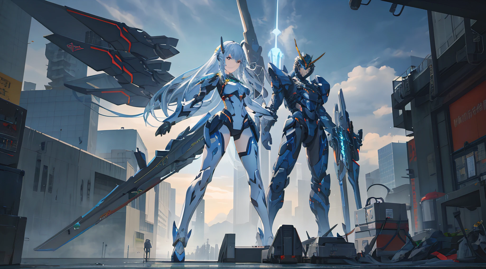 Several people stood side by side in front of a building, cgsociety and fenghua zhong, Mecha wings, devianart and cgsociety, [ trending on CGSociety ]!!, author：Jeremy Chang, ethereal and mecha theme, girl in mecha cyber armor, 2. 5 D CGI anime fantasy artwork, high definition cgsociety --auto