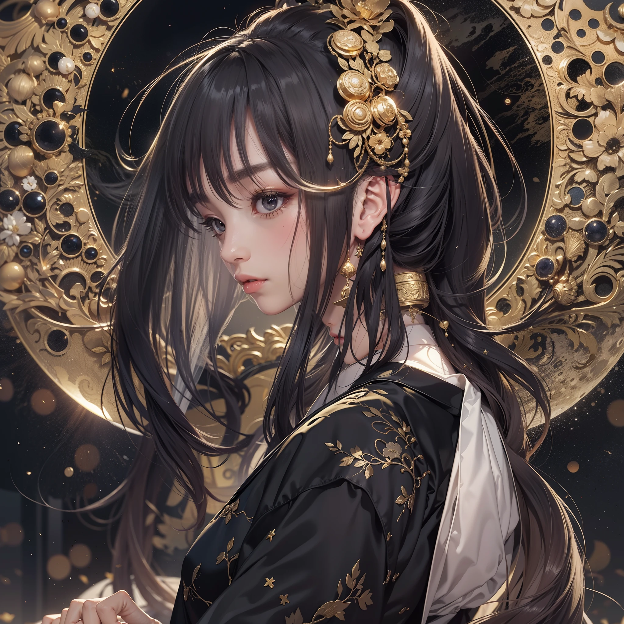Detailed background((a moon:1.5),Desolate city)、BREAK,elaborate costume{Luxury kimono(Black kimono(Detailed golden embroidery,))}、(Japanese Idol(actress):1.2)(face perfect:1.2),Depict a beautiful and elegant adult woman。glossy dark hair,poneyTail,Heart in the eye。 Wallpapers 16K, .Blur the background with a sickle,((masutepiece)), ((Best Quality)),{{a portrait photo of}},full body Esbian、Faraway view,Like a corporate logo