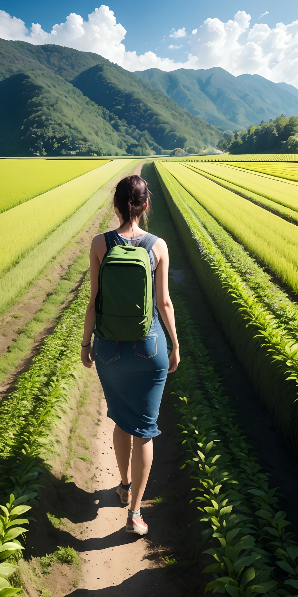 A female young Italian woman model carrying a flat burden, walking on the winding path of the countryside, big clouds, blue sky, rice fields, neat rice seedlings in the field, forest, hillside, secluded, countryside, HD detail, hyper-detail, cinematic, surrealism, soft light, deep field focus bokeh, ray tracing and surrealism. --v6