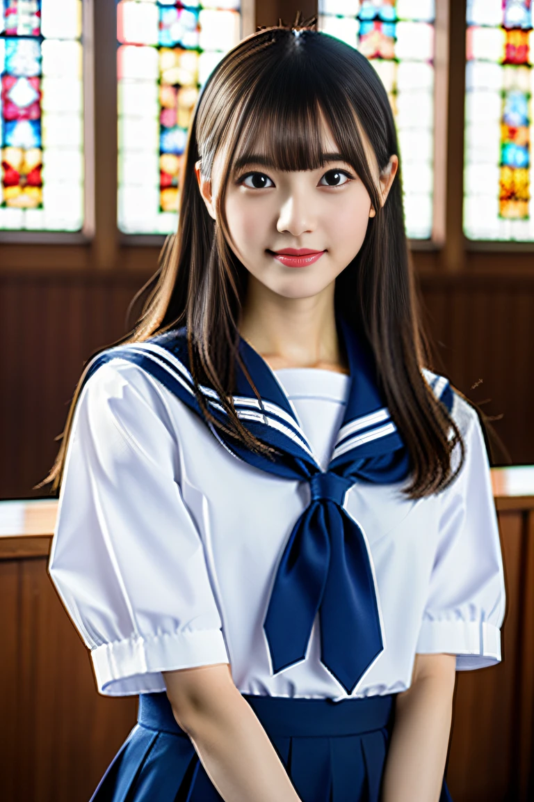 (Two schoolgirls)、Beautiful 18 year old Japan woman, (Two high school girls in short-sleeved white sailor suits:1.5), Japan strict girls' school sailor uniform, (Two schoolgirls sitting in a church pews:1.5), Beautiful and elaborate stained glass on the background, 1screen, in 8K, RAW shot, top quality photo, ​masterpiece, Amazing realism photos, Anatomically correct proportions, perfectly proportions, Cute woman like an idol in Japan, Detailed face, Detailed eyes, Narrow Nose, Detailed hands and fingers , detailed arms, Detailed skin, Detailed legs, short torso, Slender body, shiny long hair, Big breasts that seem to break through the uniform, Body Fit Sailor Suit、(High school girls staring at each other:1.5)、Schoolgirl with long and short hair、Two amazing-looking women, Kiss passionately, Lips touch, tightly hugging,lesbian, Lustful