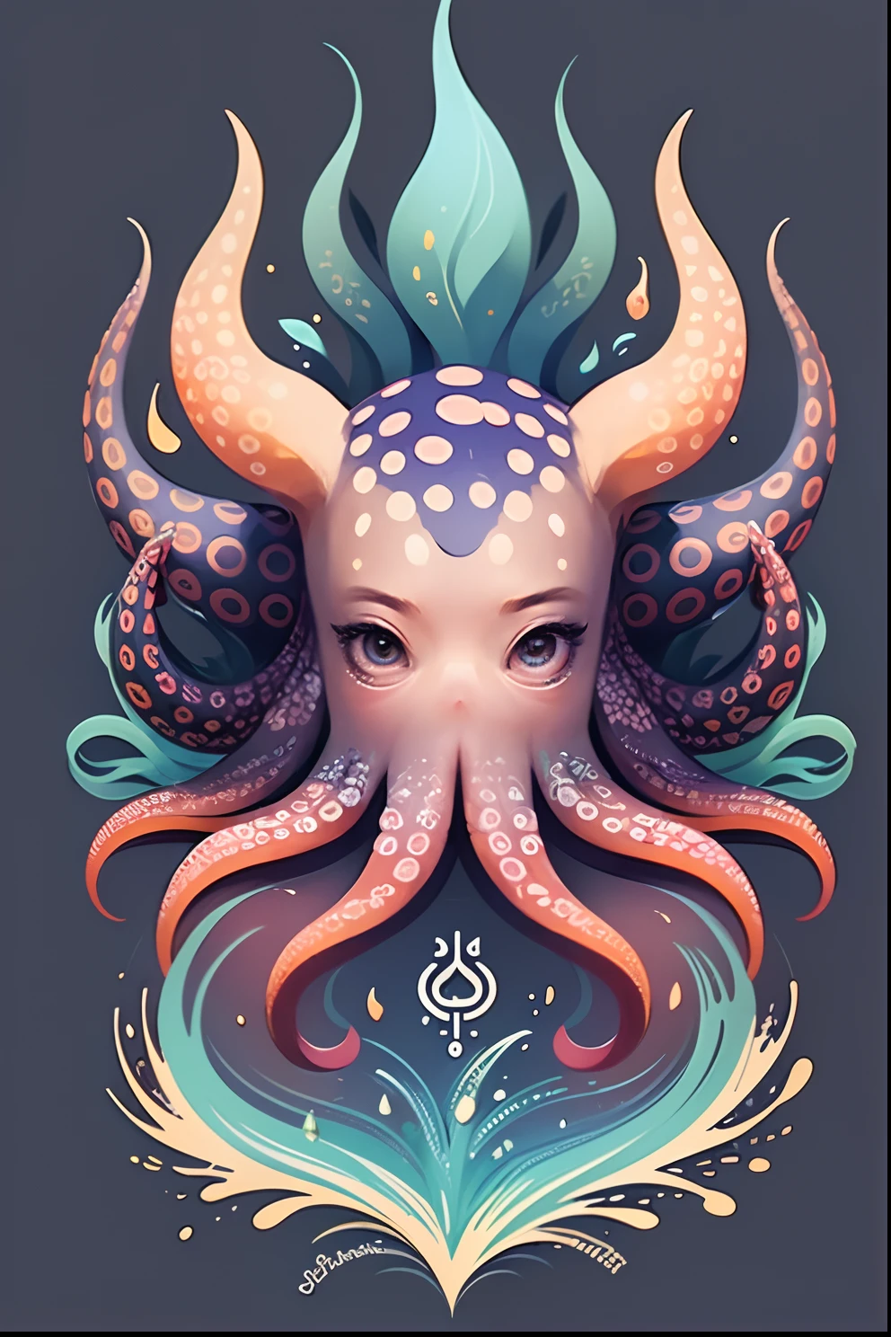 An emblematic logo of an octopus of vibrant colors, water elements, simple design, vector art, minimal