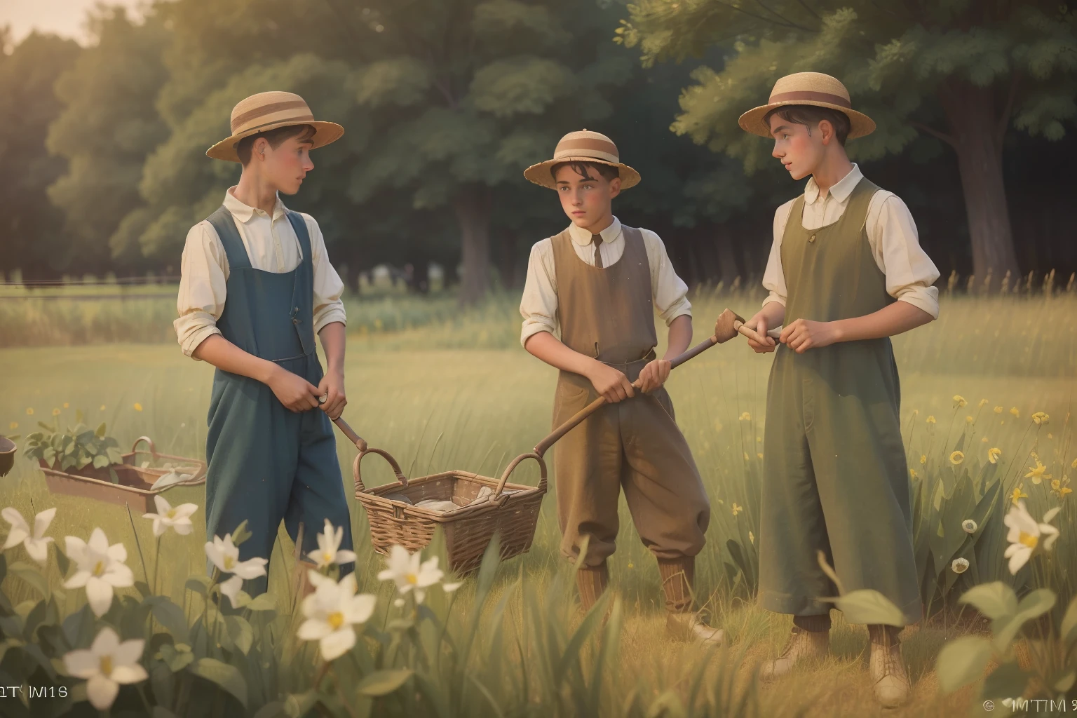 Year: 1932. Location: Lincoln, Minnesota. pre-raphaelite scene with ((three)) teenager boys of (()), working in a garden, sowing, hayfield, farming, hard labor, ((((1930s poor clothes)))) ((1930s hairstyle)) ((in the style of "OMITB")) ((cinematic style))