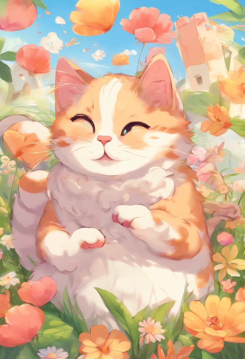 Obra maestra, La mejor calidad, Gato y bola de hilo, Gato jugando con bola de hilo, Detalles, warm colours, Falling peach petals around, Anime de gatos, Lindo
